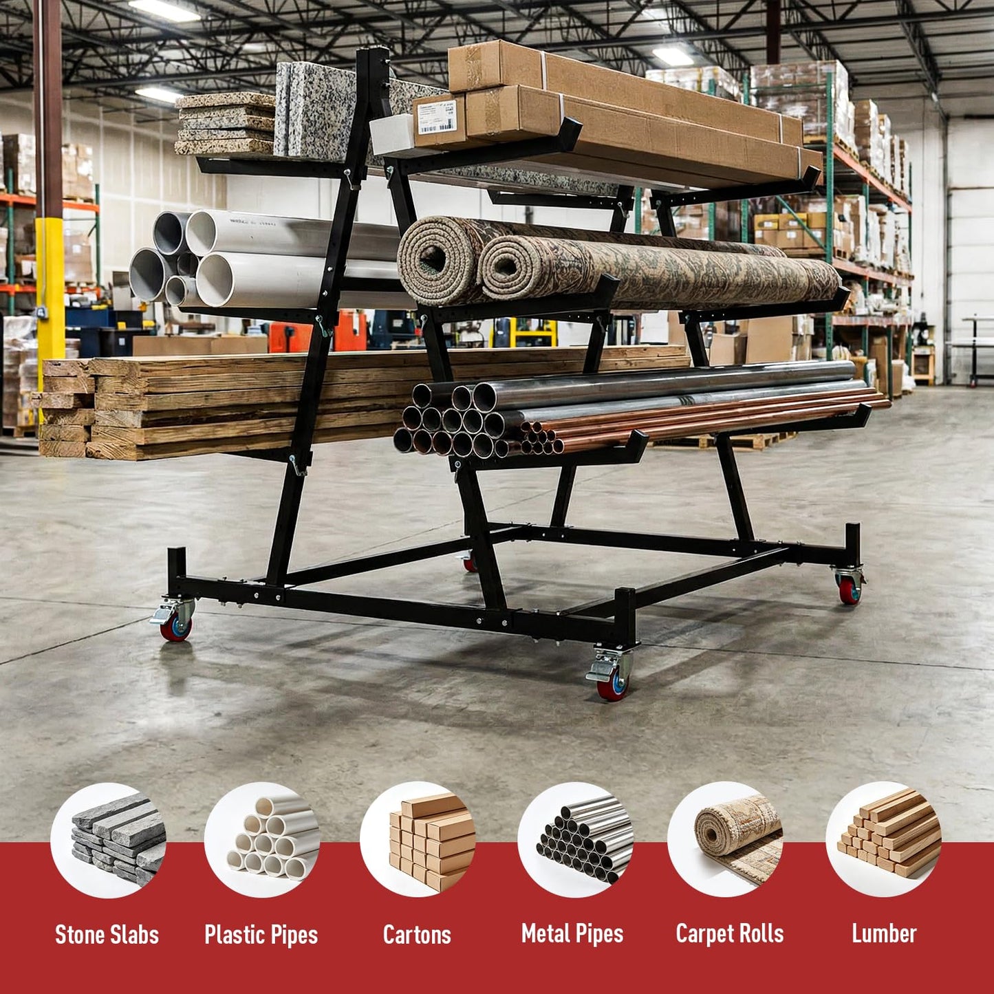NUWJBYE 3-Tier Heavy Duty Lumber Storage Rack, 1000 lbs Capacity, Adjustable Steel Pipe Rack, Horizontal Storage Organizer for Garage, Workshop, Shed, Basement