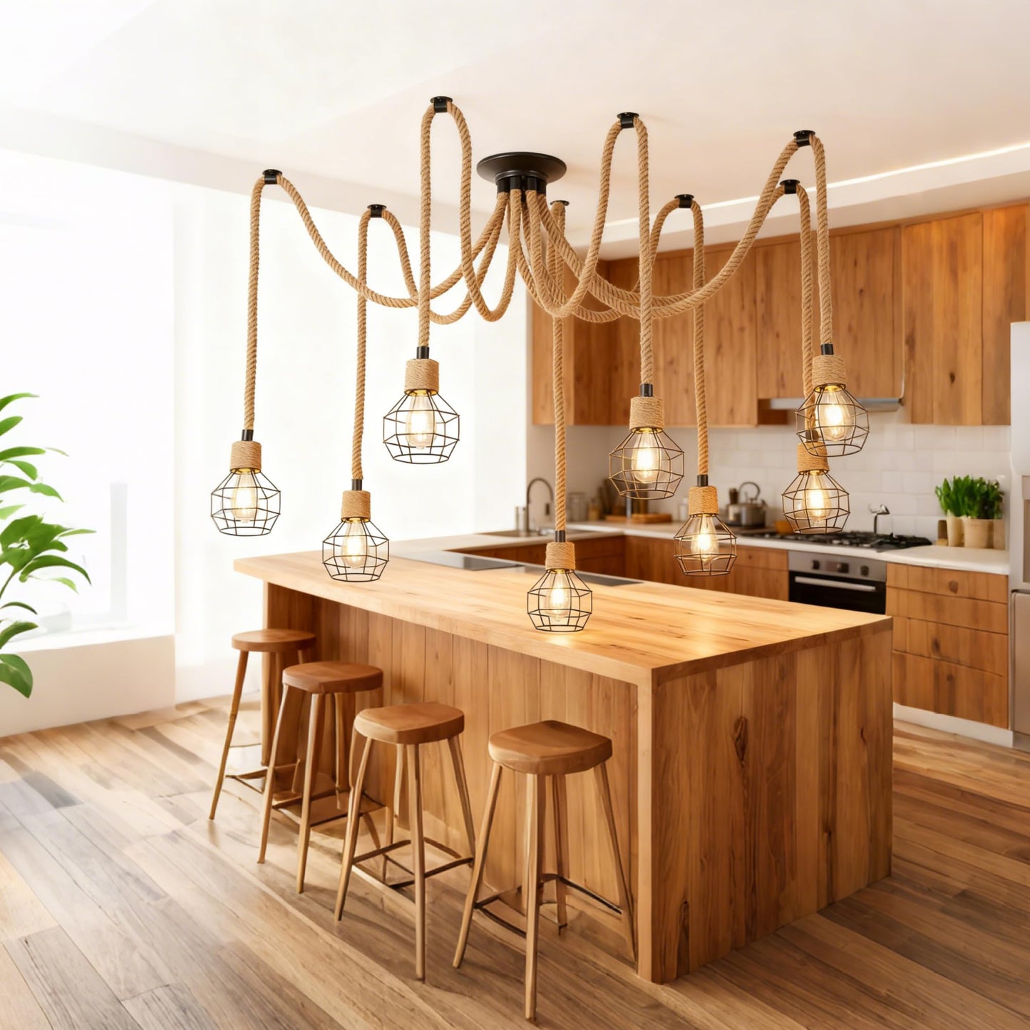 Hodevimall Spider Chandeliers, 8 Arms Industrial Spider Ceiling Light Fixture Hanging Hemp Rope DIY Adjustable 8-Light Steampunk Chandelier for Kitchen Island, Living Room, Entryway, Dining Room, Bar