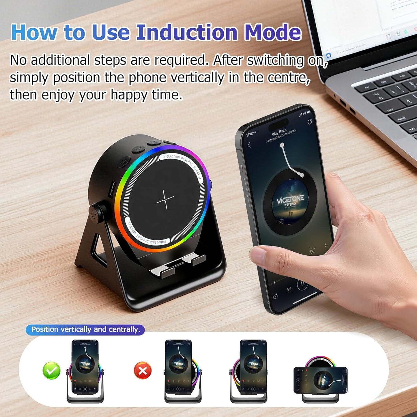 Cawinii 4-in-1 360 Wireless Induction Bluetooth Speaker, with Rotating Phone Holder and RGB Ambient Light