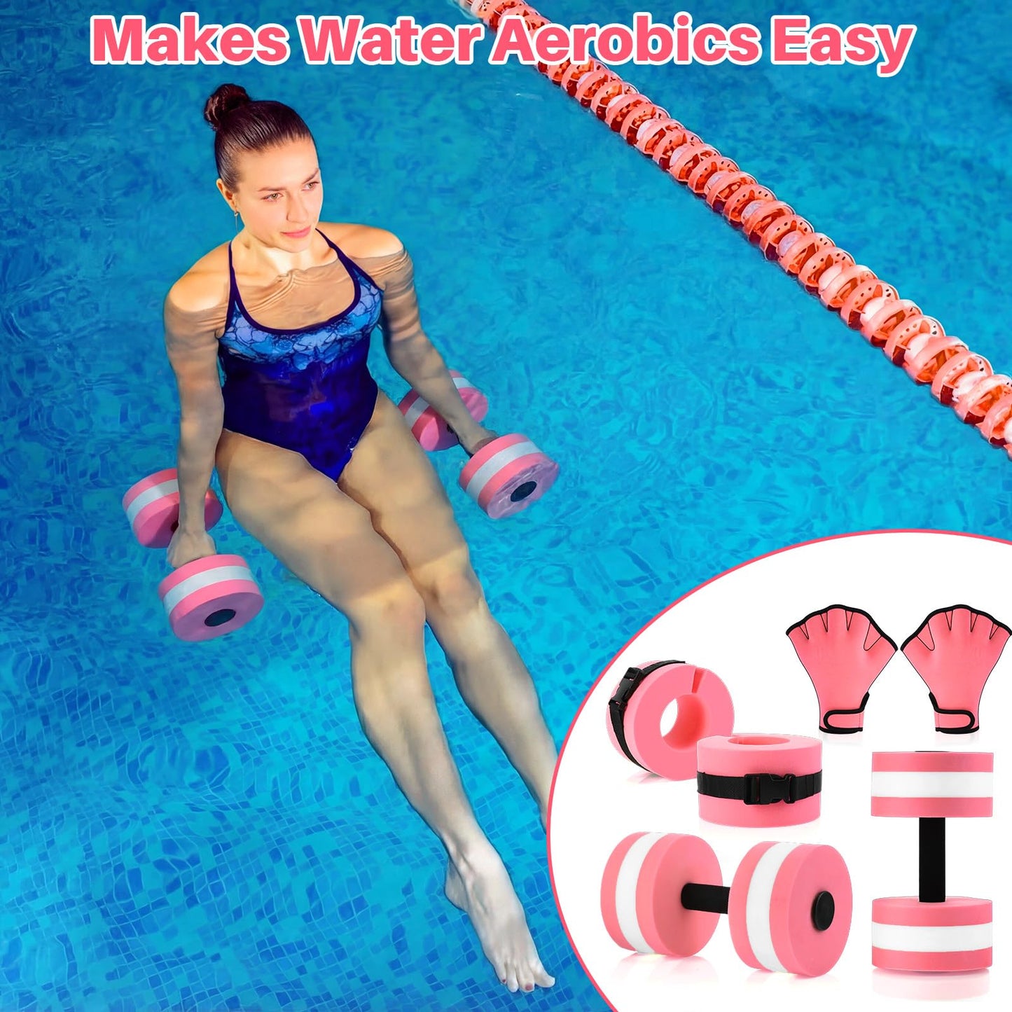 Motionchic Water Aerobics Set, 2 Ankle Swimming Weights 2 Lightweight Aquatic Exercise Dumbbells 1 Pair of Swimming Gloves Pool Exercise Equipment for Aquatic Workout Fitness(Pink)