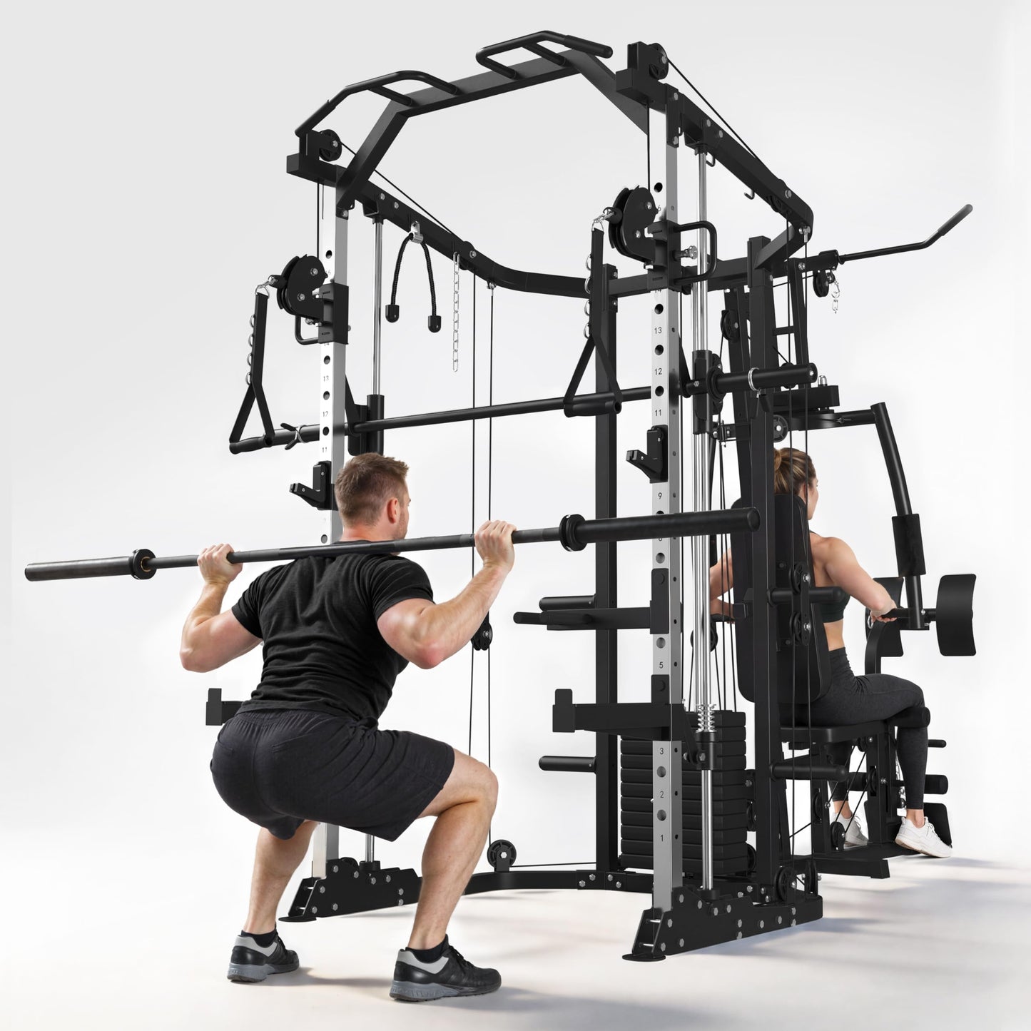 GMWD Dual-Station Smith Machine Power Cage, All-in-One Home Gym Workout Station with 121LB Weight Stacks & Cable Crossover, Professional Functional Trainer for Couples & Family Strength Training