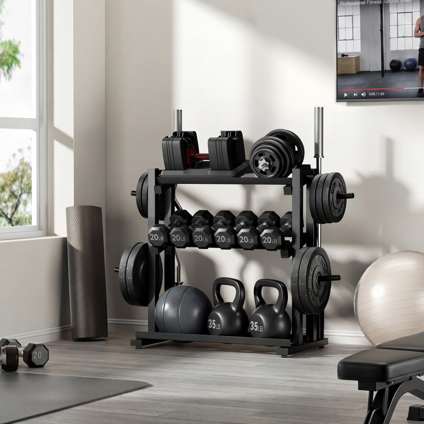 3-Tier Heavy-Duty Dumbbell and Plate Rack 1200LB Capacity, Adjustable Weight Storage Stand for Dumbbells, Kettlebells, Barbells & Weight Plates, Compact Multifunctional Organizer for Home Gym