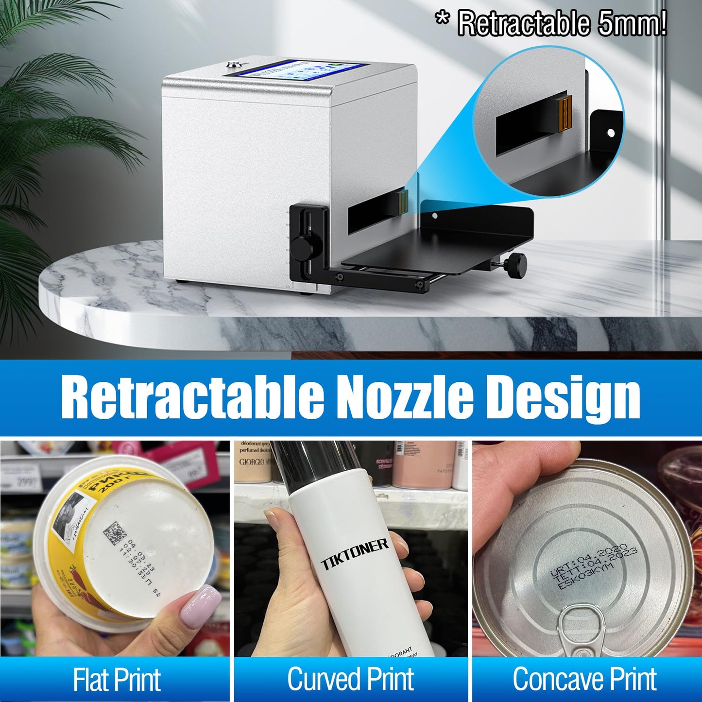 TIKTONER Inkjet Coding Machine, Date Printer with 7-inch Touch Screen Batch Code Printer with 42ml Quick-Drying Ink Cartridge Inkjet Coder for Barcode/QR Code/Number/Picture Print on Many Materials