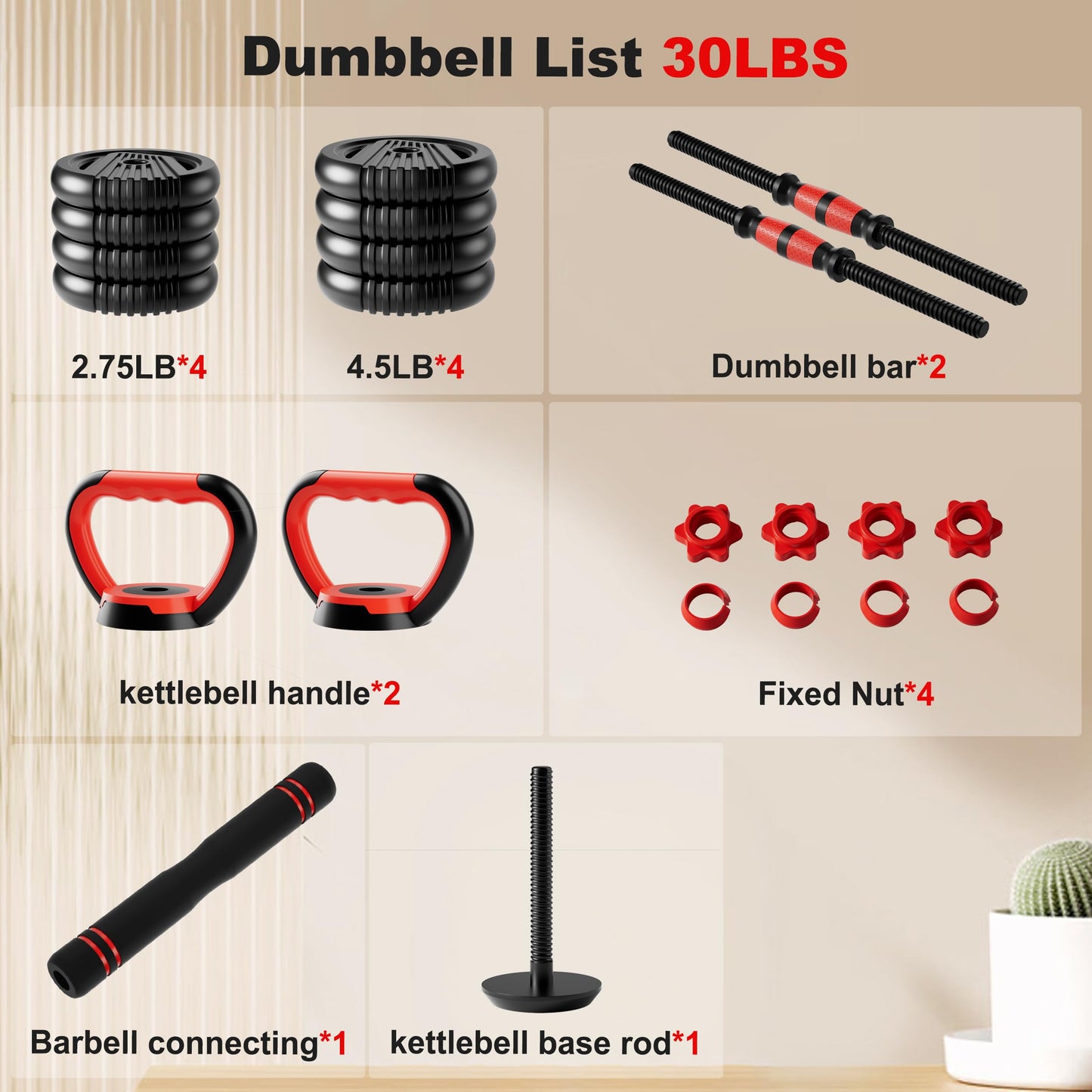 SCEPKN Adjustable Dumbbell Set, 10/20/30/45/70/90lbs Free Weight Set with Connector, 5 in1 Dumbbells Set Used as Barbell, Kettlebells, Push up Stand,Weight Plate, Fitness Exercises for Home Gym Suitable Men/Women