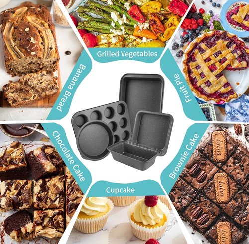 Grey Marble Nonstick Baking Pans Set by [Brand Name] - 5 Piece Stackable Bakeware with 100 Cupcake Liners for Home Baking