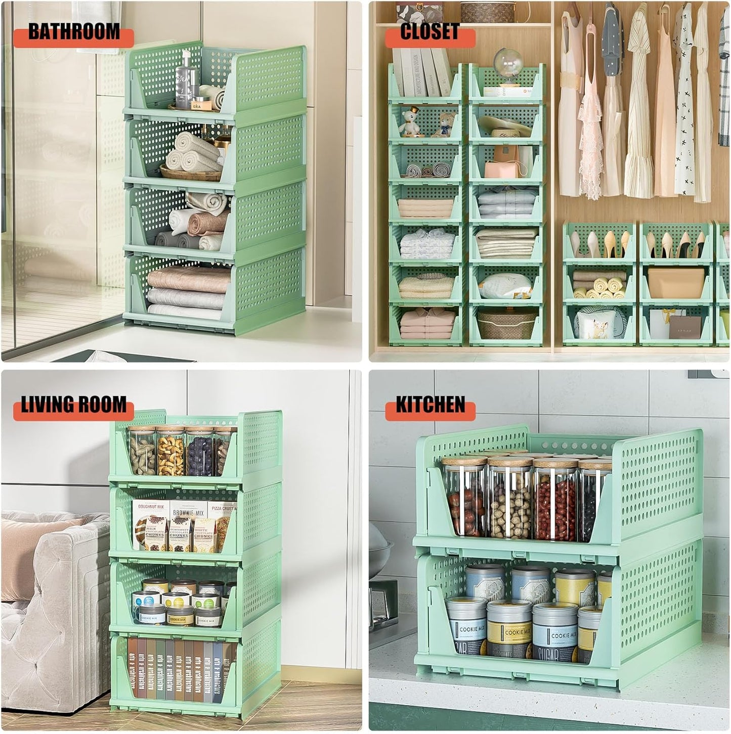 Stackable Plastic Storage Drawers - Closet Organizer with Open Bins for Clothes | 5-Drawer Set in Green