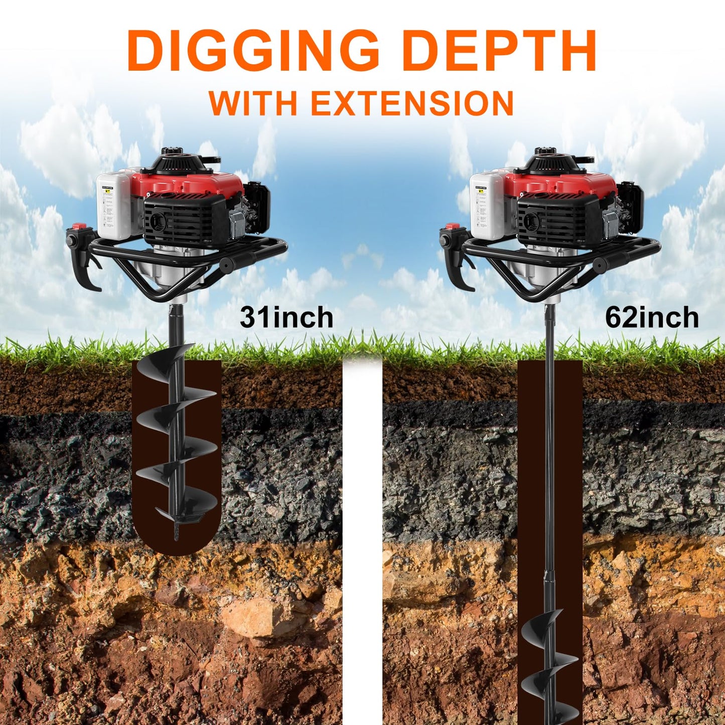 78CC 4-Stroke Auger Post Hole Digger, Single Person Gas Powered Earth Auger with 6" & 8" Drill Bits and Extension Rod, Heavy Duty Ground Drill for Fence Post, Tree Planting