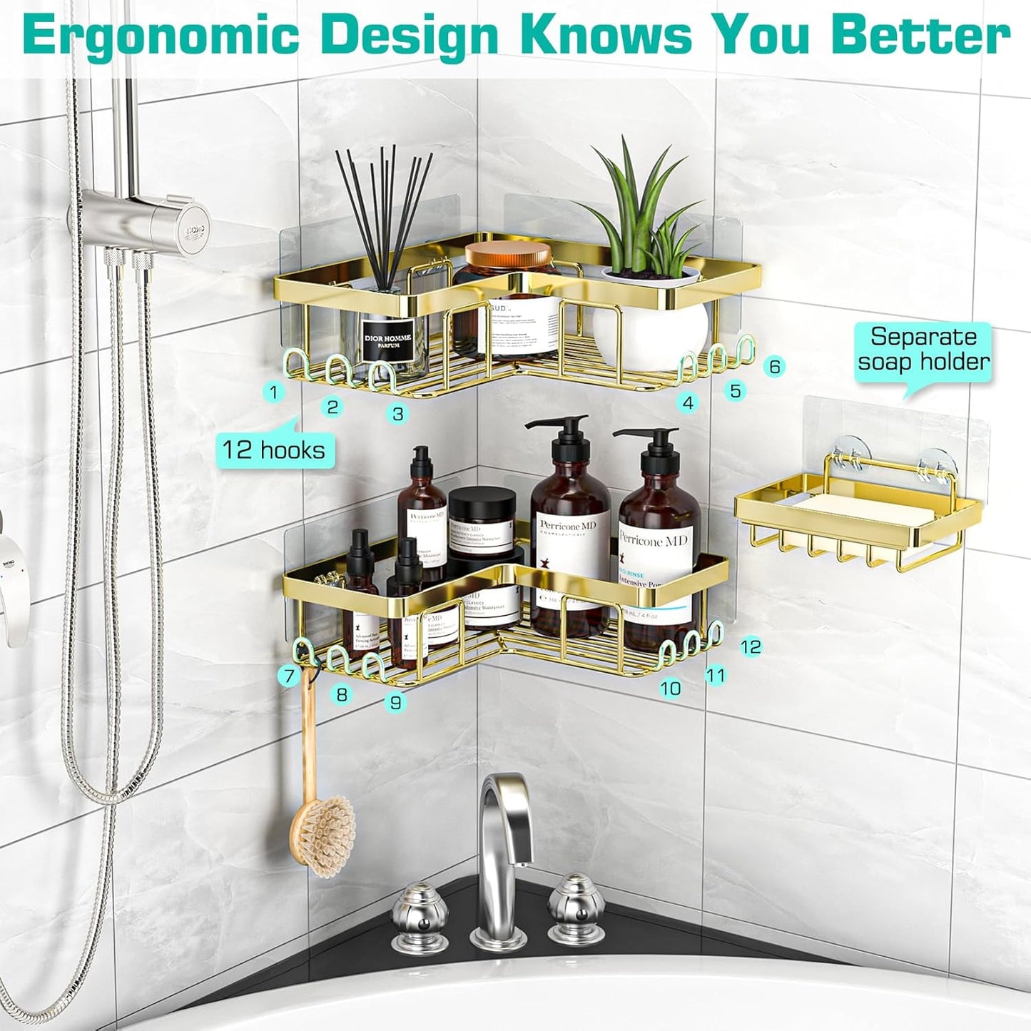 YASONIC Corner Shower Caddy - 3-Pack Adhesive Bathroom Organizer with Soap Holder & 12 Hooks | Rustproof Stainless Steel, Gold