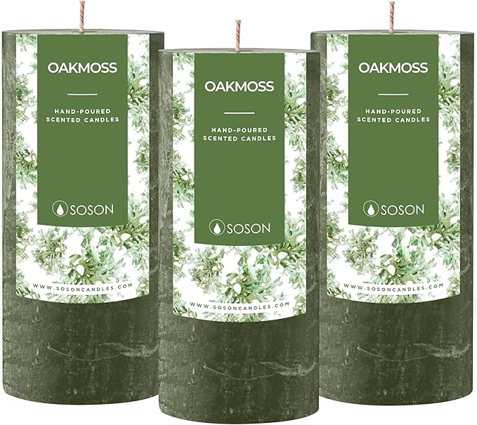 Simply Soson 3x6 inch Dark Moss Green Rustic Oakmoss Pillar Scented Candle - 3 Pack - for Home Decor, Aromatherapy, Weddings, Restaurants, Spa,