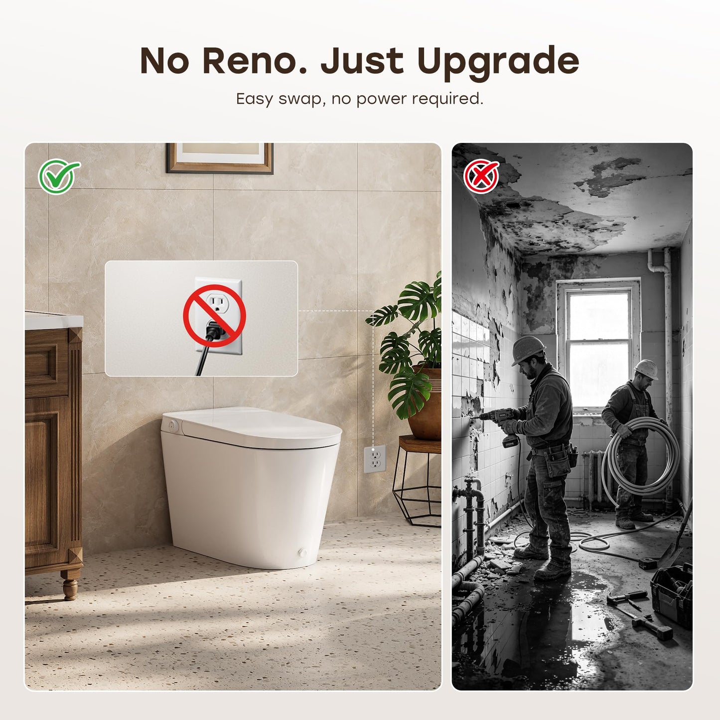 HOROW N30 Non-Electric Bidet Toilet with Auto Flush, No Outlet or Rewiring Needed, Battery Powered, Tankless One-Piece Elongated Toilet with Dual Nozzle Wash, ADA Chair Height, 1.22 GPF, 12" Rough-In
