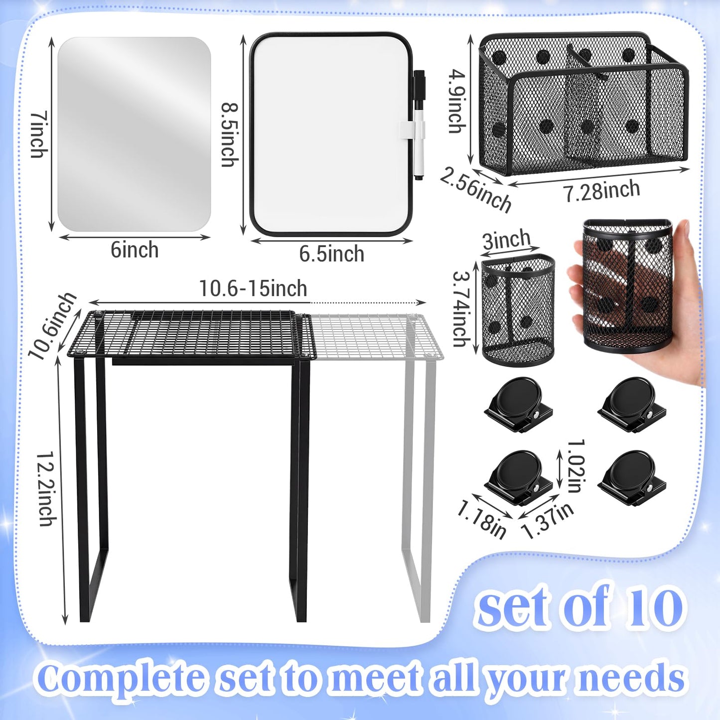 Colarr Adjustable Locker Shelf Organizer Set with Magnetic Accessories, Locker Shelf Adjustable 10.6–15 Inch with Magnetic Pen Holders Whiteboard Mirror Shelves for Classroom School Lockers (Black)