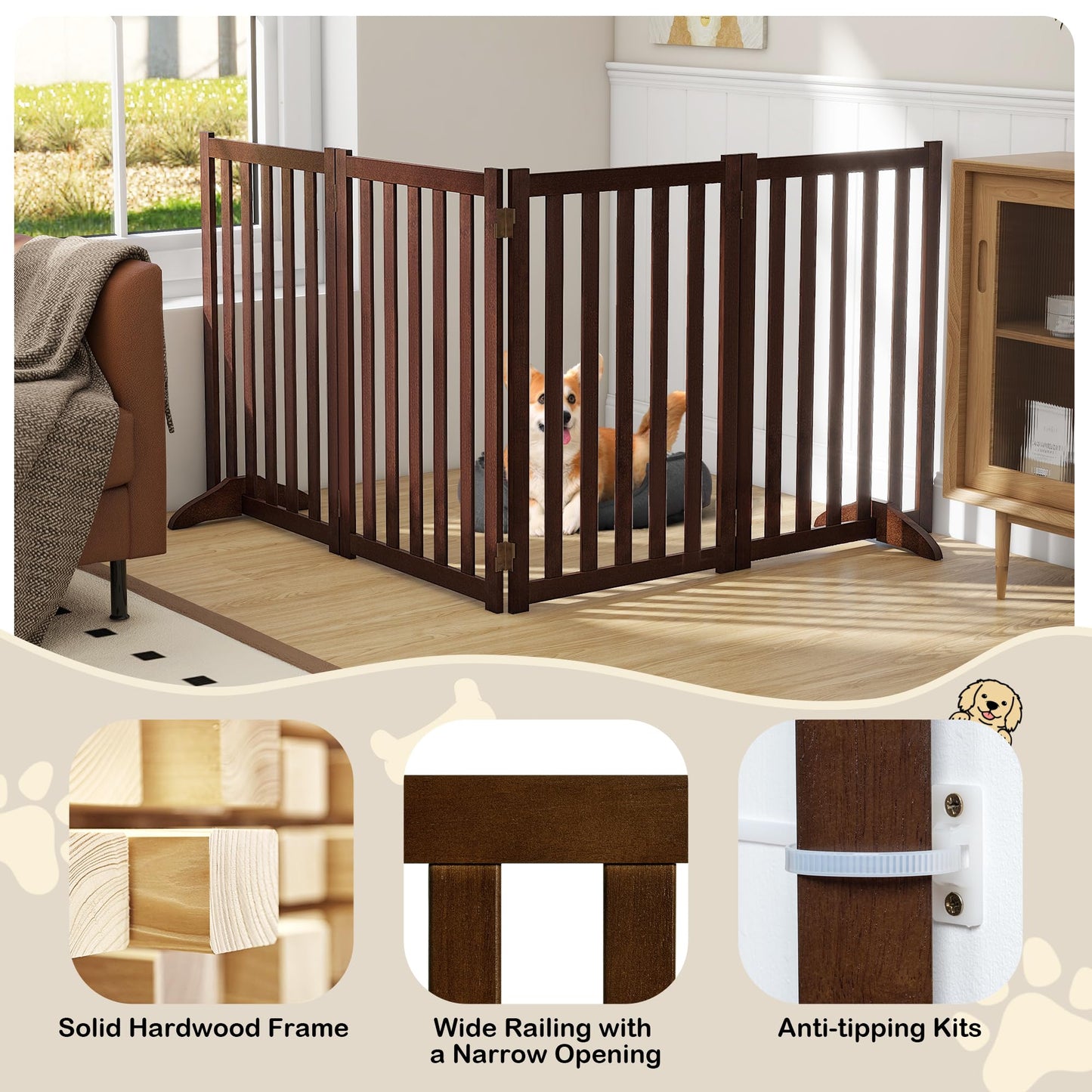 30" Height Tall Freestanding Pet Gate, Solid Wood Folding Safety Fence Wooden Dog Gate with 2 PCs Support Feet Ideal for Stairs, Doorways, Halls, Kitchens, Heavy Duty Gates, 4 Panels, Walnut