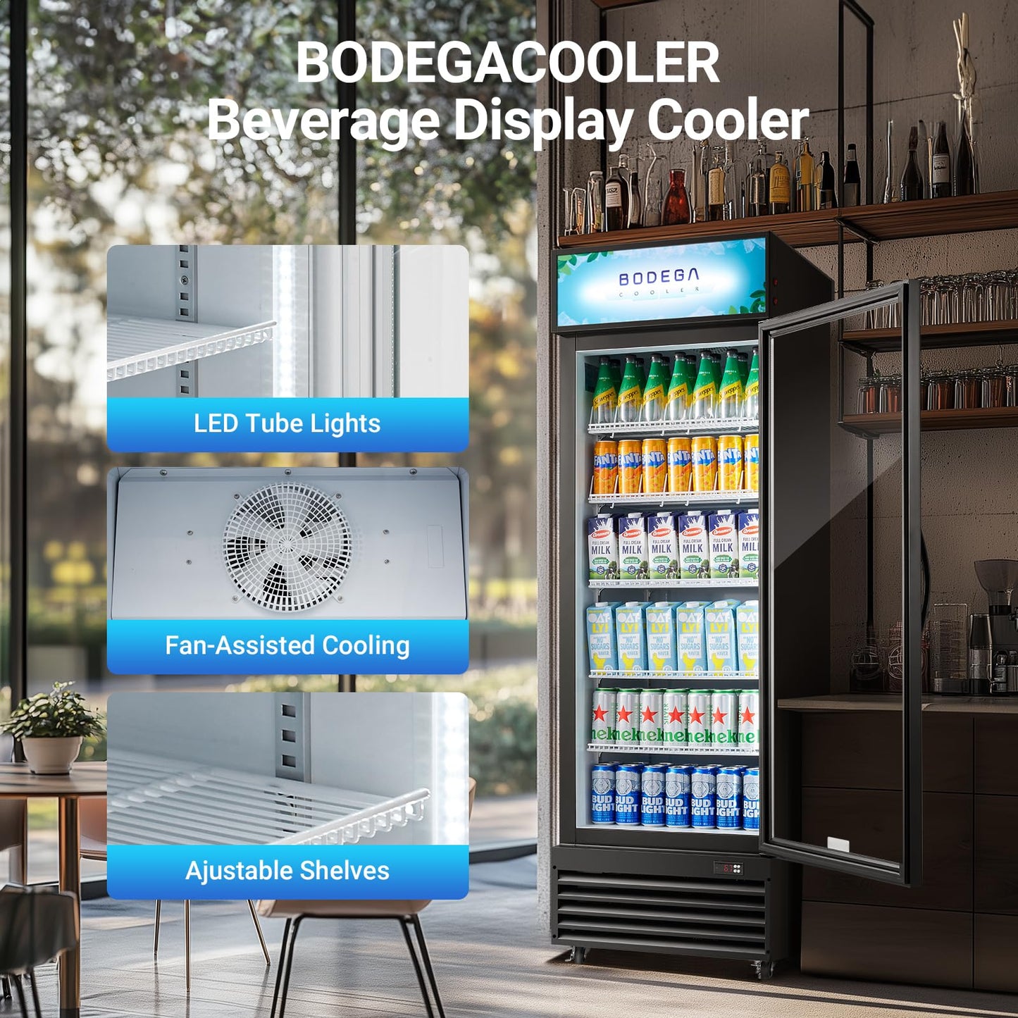 BODEGA BODEGACOOLER 15.5 Cu. Ft Commercial Beverage Refrigerator, Glass Door Upright Display Cooler, 420 Cans Drink Fridge with LED Light, 5 Adjustable Shelves, Lock, Black