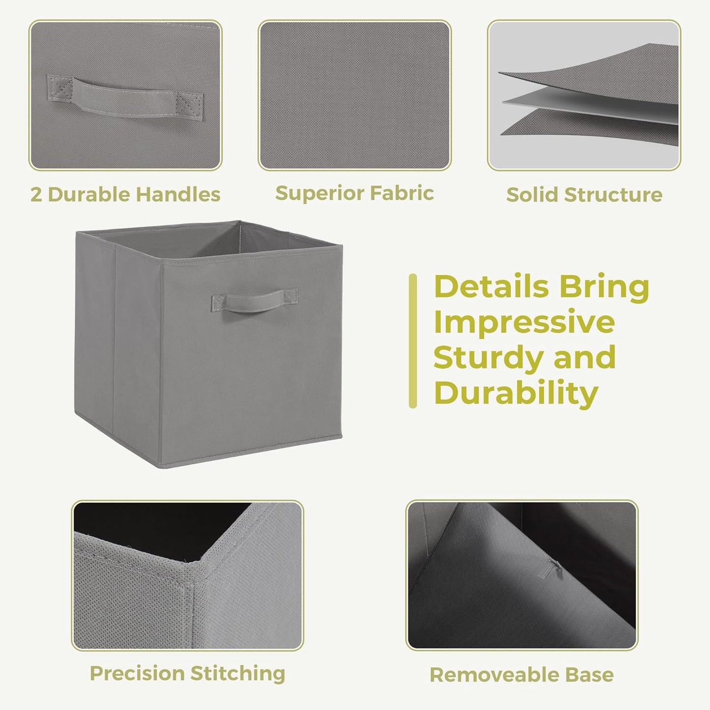 Skiennix 11x11 Storage Bins - Set of 3 Collapsible Fabric Organizers with Handles | Grey