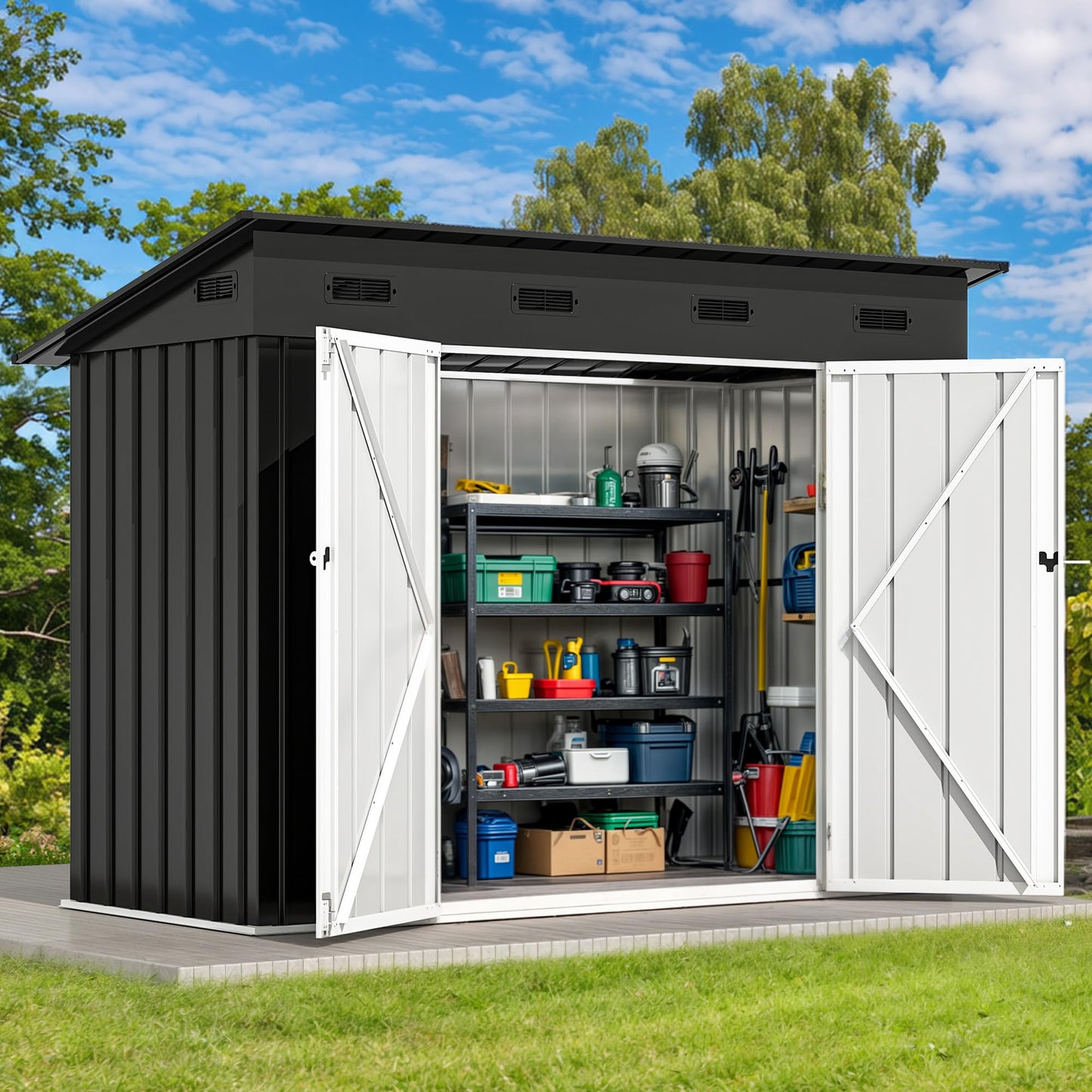 DWVO 8.5' x 3.5' Outdoor Storage Shed, Lockable Double Doors, Sloped Roof, Heavy-Duty Steel Shed for Garden & Patio, Large Backyard Tool Organizer, Dark Gray