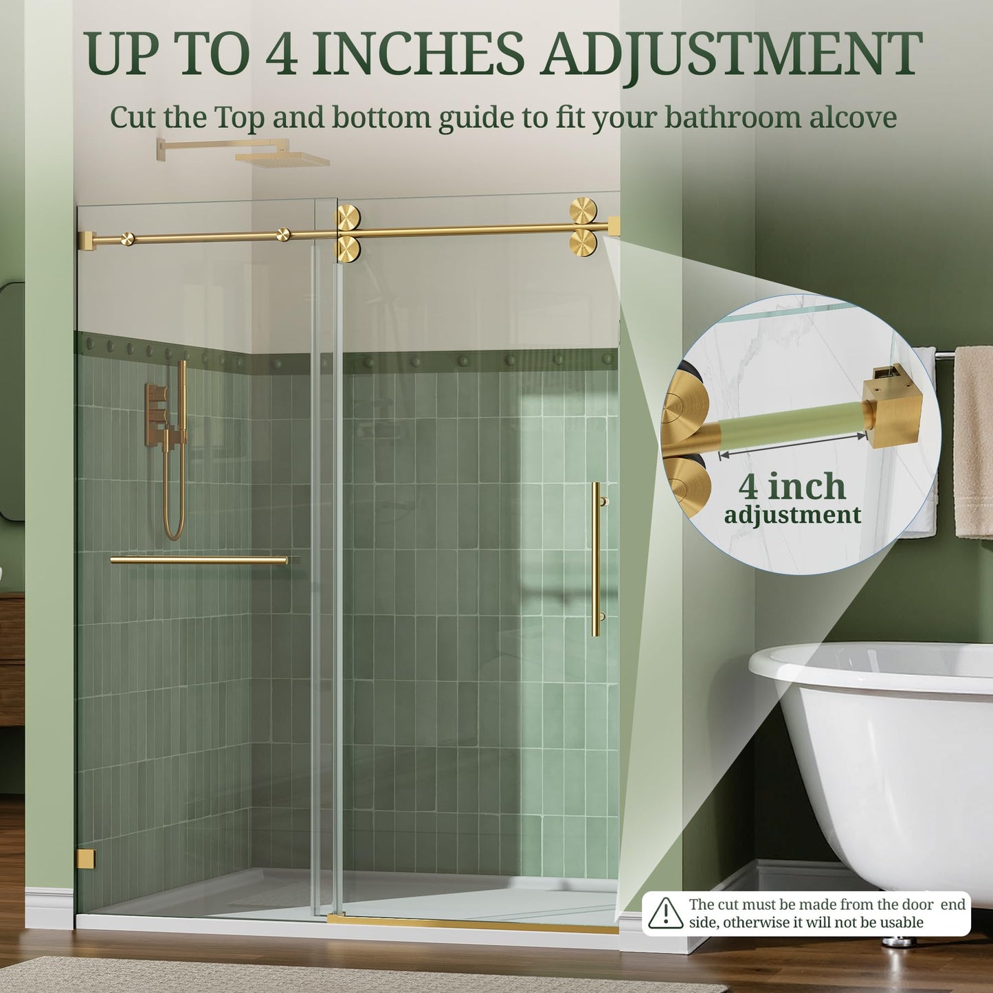 3/8" (10mm) Thick SGCC Tempered Glass Shower Door, 57-61" W x 79" H Frameless Shower Door with Stainless Steel Hardware，Quiet Soft-Close Sliding Shower Door（Brushed Gold）
