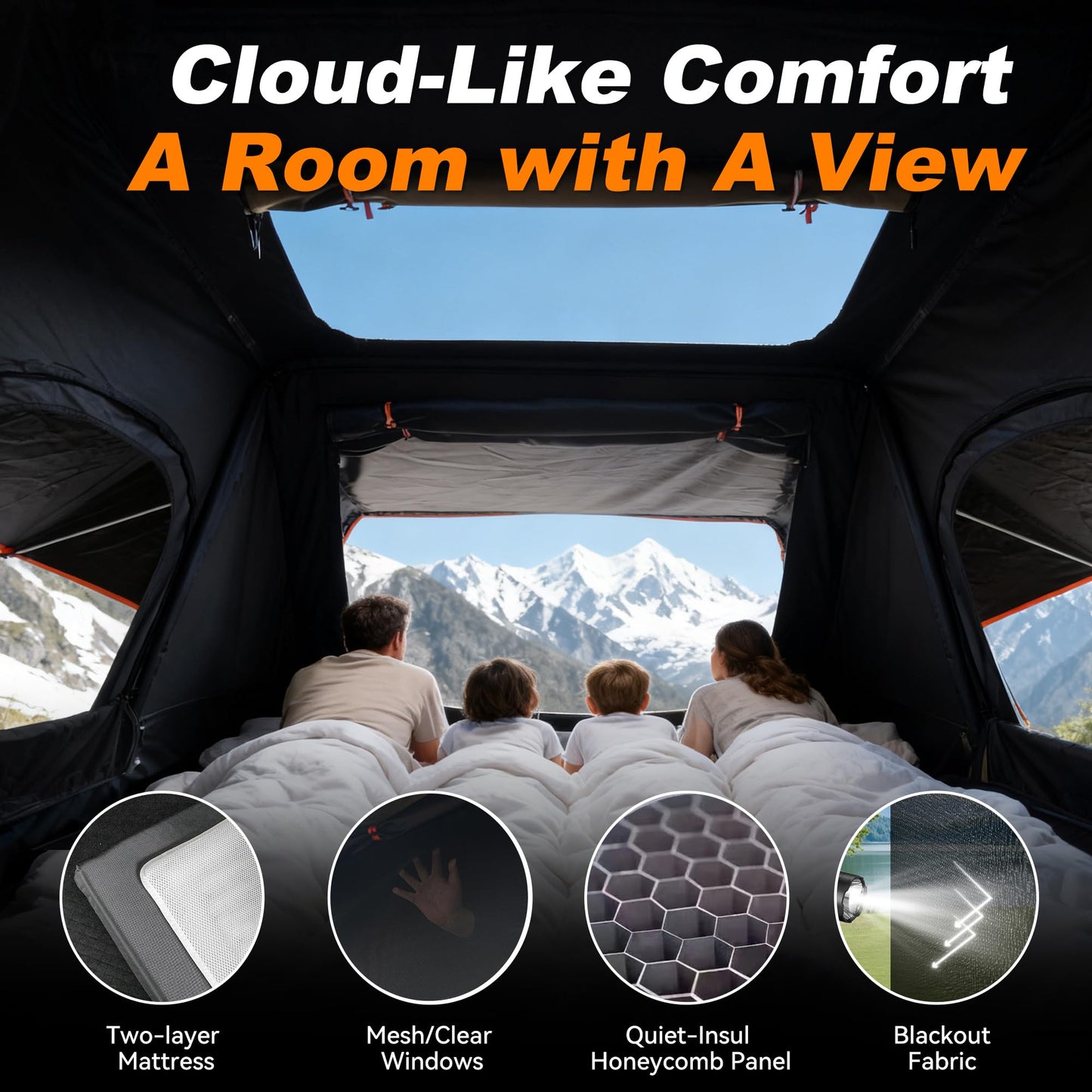 Naturnest Rooftop Tent Hard Shell, Easy Set Up Extra Large Roof Tent for 4 Person Camping Top Tents, Waterproof UV-Resistant 4 Season Tents for Truck, Jeep, SUV, Trailer - Sirius 2 XL