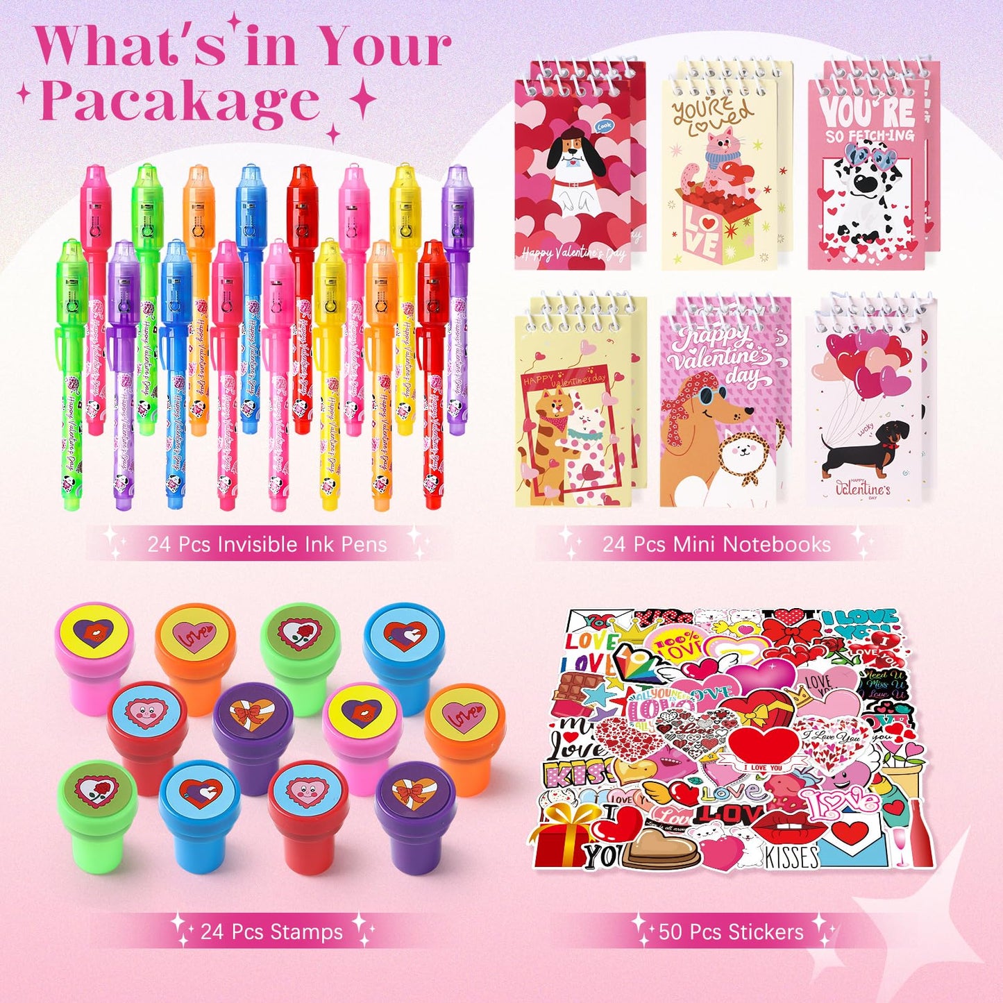 SNLN Valentines Party Favors Valentines Day Gifts for Kids Classroom, 24 Pack Invisible Ink Pen Notebook Stamp Sticker Boys Girls School Classroom Exchange Gifts Birthday Goodie Bags Stuffers - Pet