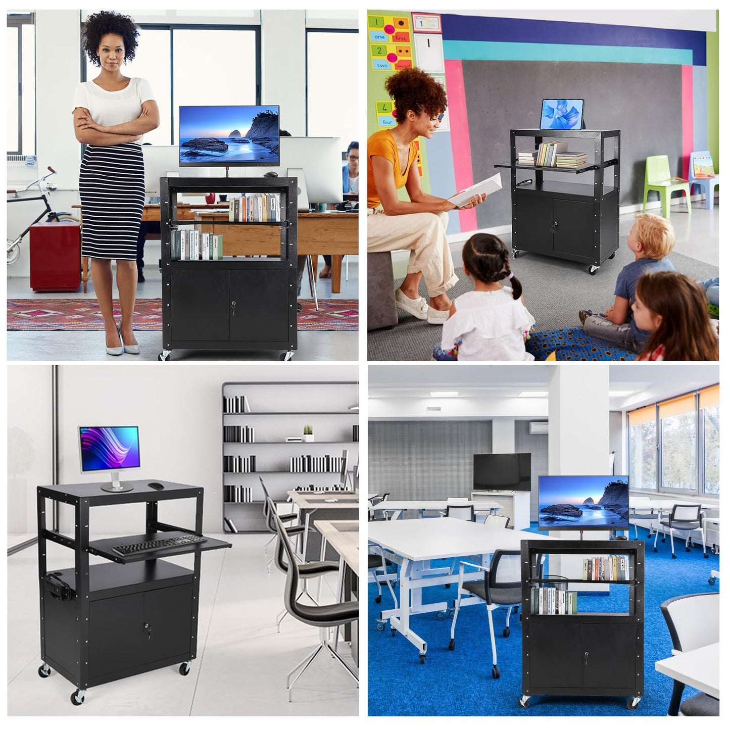GAOMON Rolling AV Cart with Locking Cabinet, Laptop Stand, and Drop Leaves, Height Adjustable Mobile Utility Cart Workstation with Extra Storage Space, Power Strip