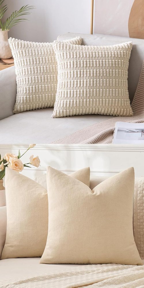 MIULEE Corduroy Decorative Throw Pillow Covers - Soft Chenille, 18x18 Inch, Cream & Beige (Set of 2)