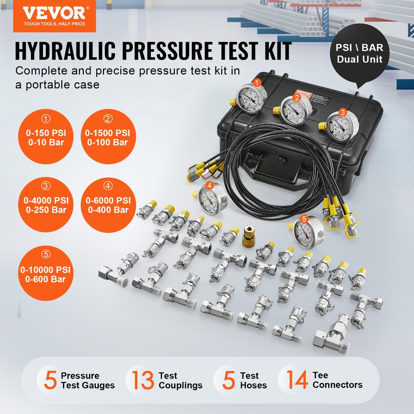 VEVOR Hydraulic Pressure Test Kit, 10/100/250/400/600bar, 5 Gauges 13 Test Couplings 14 Tee Connectors 5 Test Hoses, Hydraulic Gauge Kit with Sturdy Carrying Case, for Excavator Construction Machinery