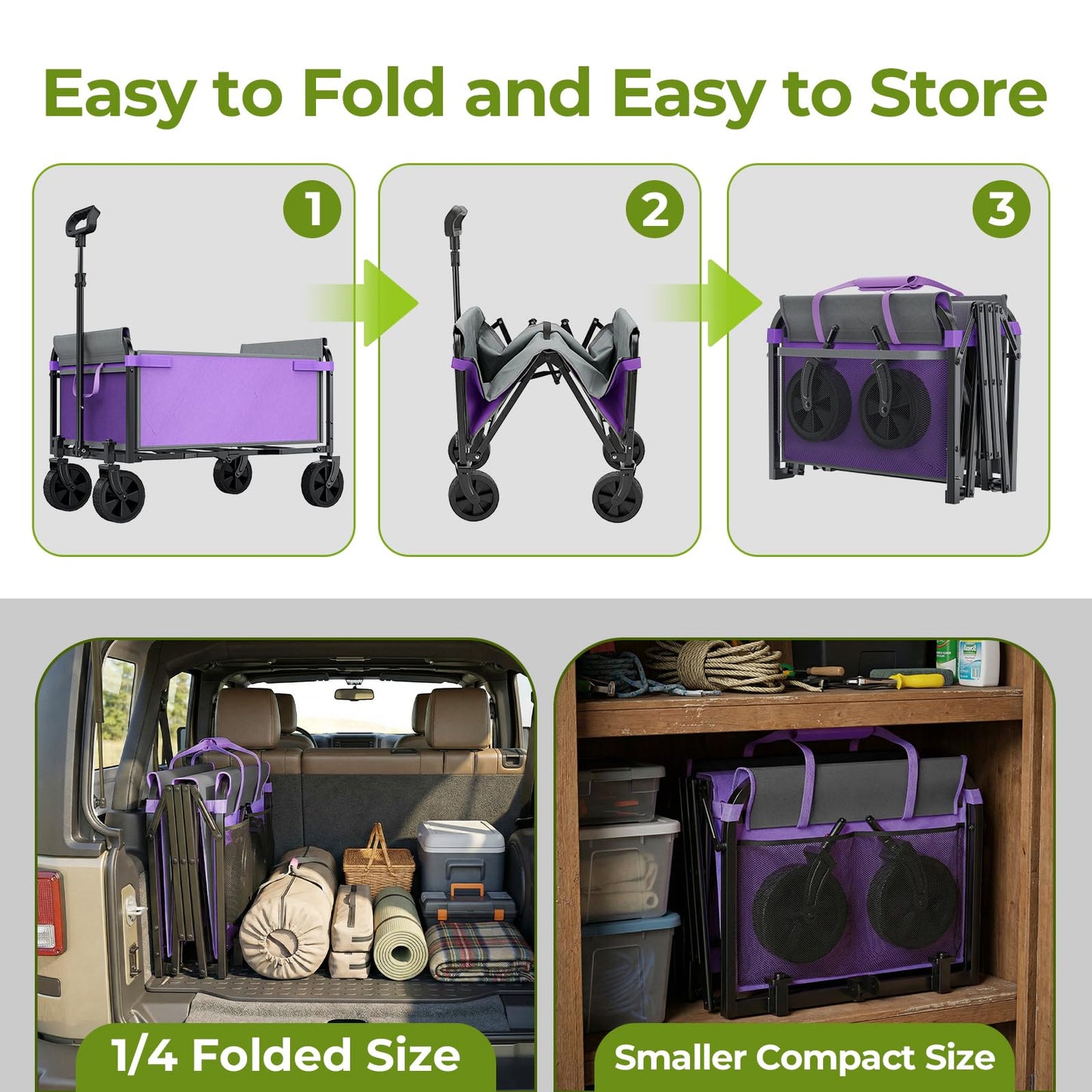 Aimnny Wagons Carts Foldable, Lightweight Collapsible Utility Wagon-220LBS Capacity One-Side Full Zipper, Side Load No Lifting for Light Camping, Grocery, Shopping, Sports & Apartment Moving (Purple)