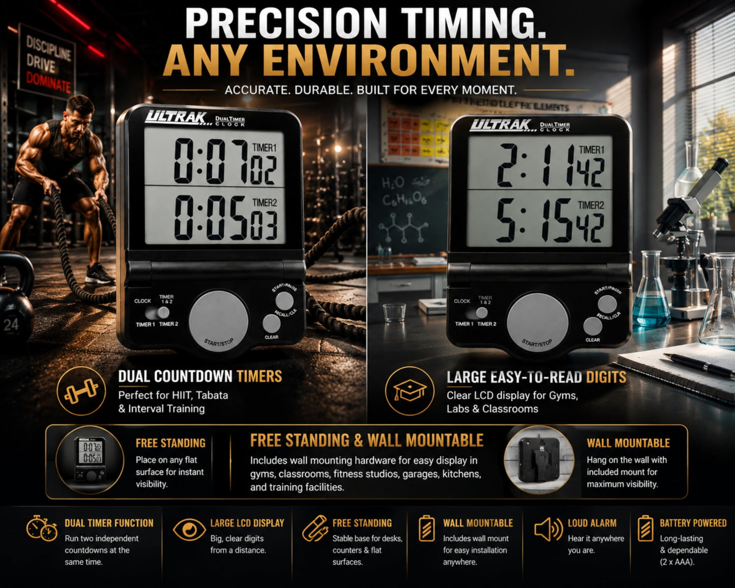 ULTRAK T-4 Jumbo Dual Timer – Large 1” Display Countdown & Count Up Timer, 24 Hour Range, Loud Alarm, Dual Memory, Wall Mount or Tabletop for Classroom, Gym, Office & Meetings