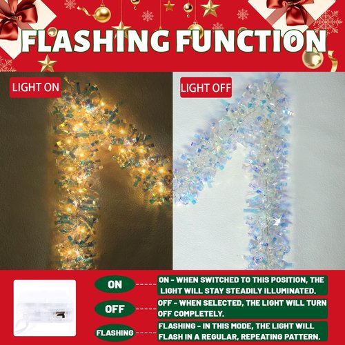 LAWOHO 2 Pack 16.5FT Christmas Tinsel Garland with Lights, Shiny Iridescent Foil Garland for Christmas Tree, Wedding Birthday Party Supplies, New Year Holiday Parties, Indoor Hanging Home Decor