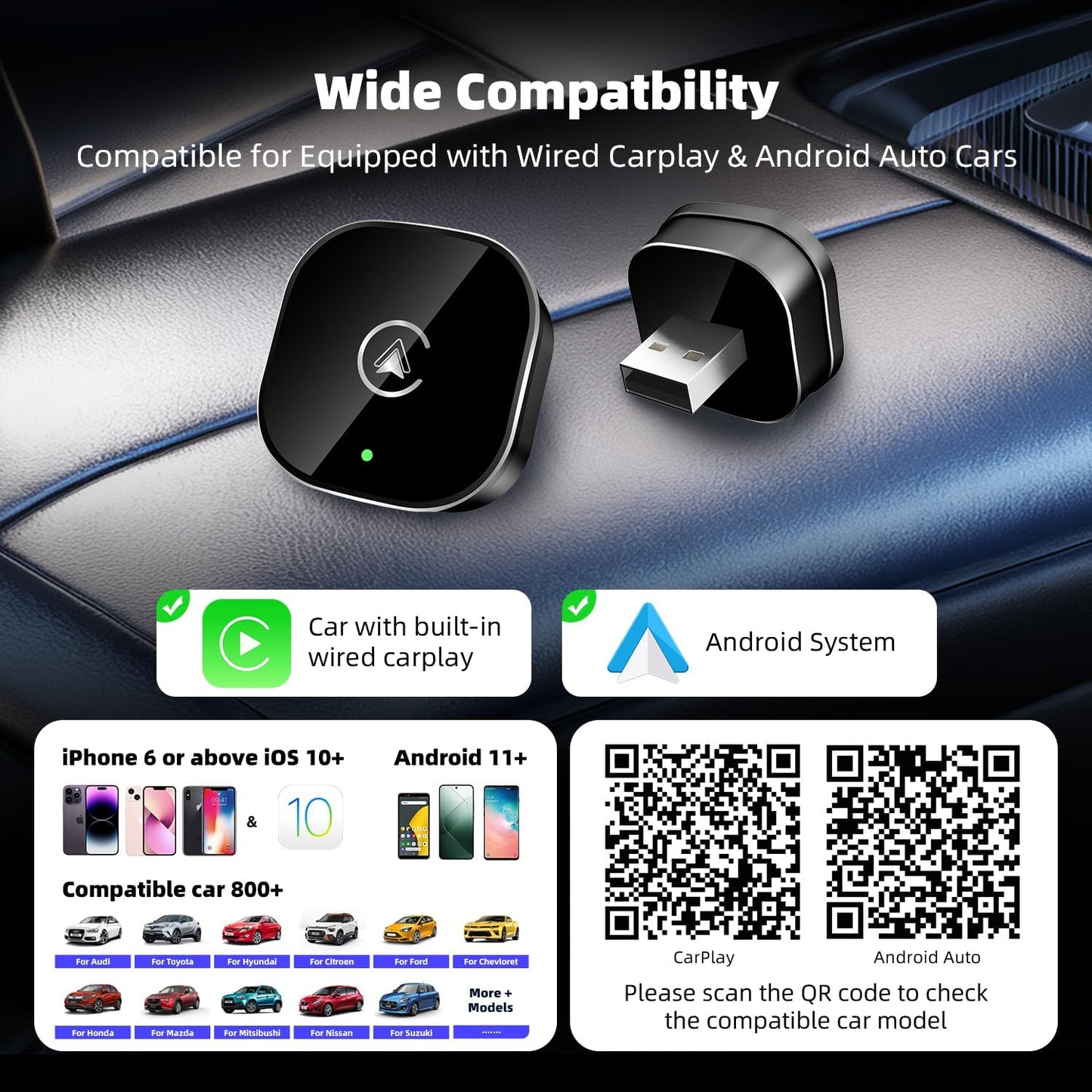 MYCIMRE 2026 2 1, 10+ 11+, New Wireless CarPlay Adapter for Apple iPhone Android Auto in Mini USB CarPlay Dongle Wired