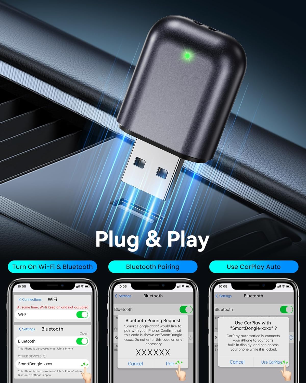 Burnt Sugar 2026 10+ 2016+ Wireless Carplay Adapter for iPhone Upgraded, Ultra-Mini USB Design for Apple Car Play