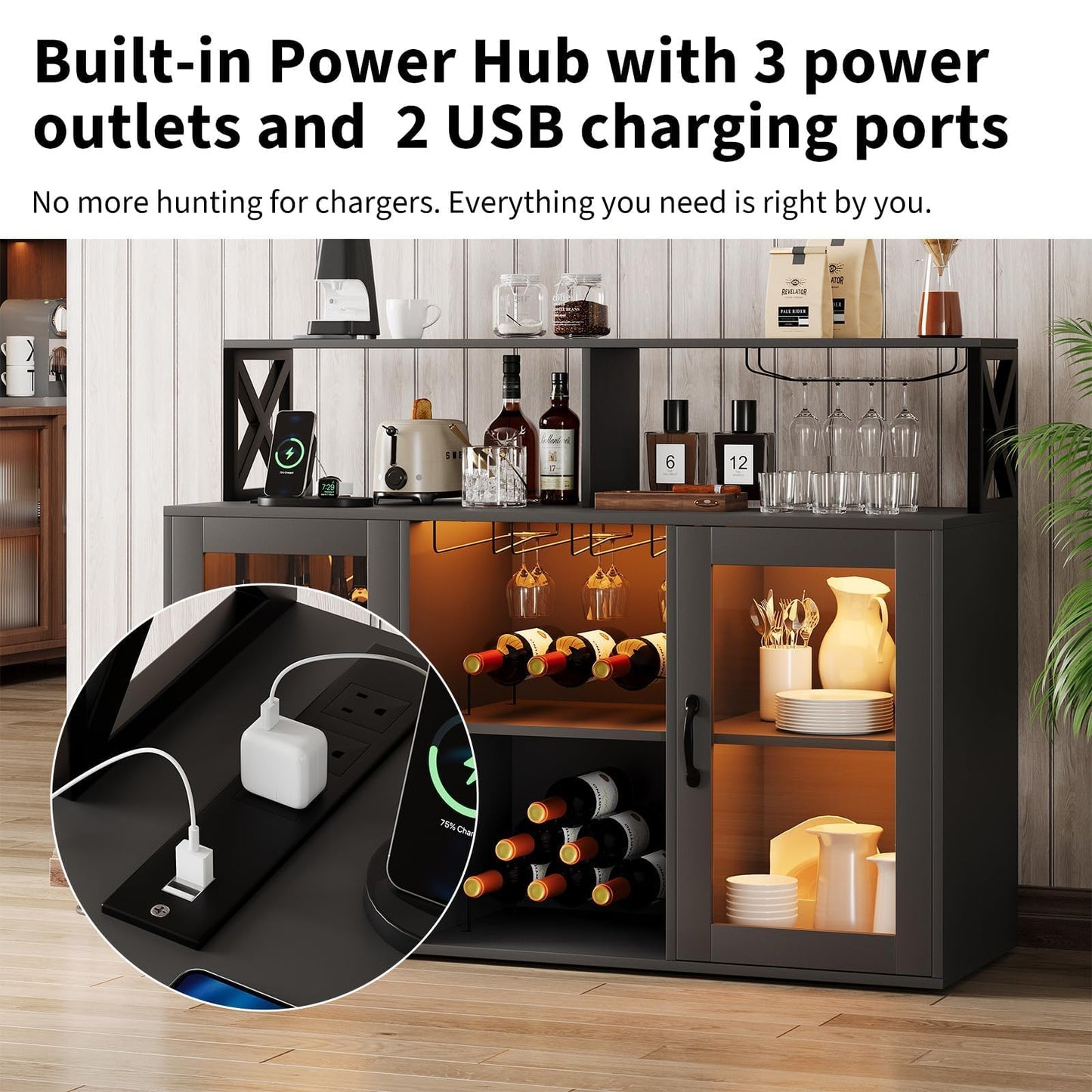BouPower 47" Wine Cabinet with LED Light, Home Coffee Cabinet with Wine Rack and Glass Holder, Coffee Bar Buffet Sideboard Storage with Power Outlets, for Living Room, Dining Room, Black