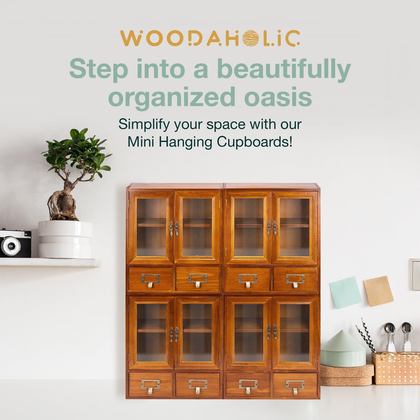 Stackable Modular Set of 4 Mini Cupboards - 8-Drawer Pantry Storage Cabinet - Dark Mahogany Wood Cabinets with 4 Glass Doors and 8 Shelves - Shelf Cabinet Storage Organization, Fully Assembled