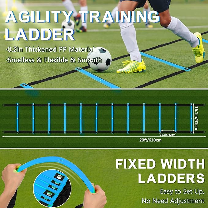 Fixed Rung Agility Ladder - 20ft 12 Rungs No Tangle Speed and Agility Training Equipment for Soccer Footwork Training with Carrying Bag/Ground Stakes for Adults Youth Kids