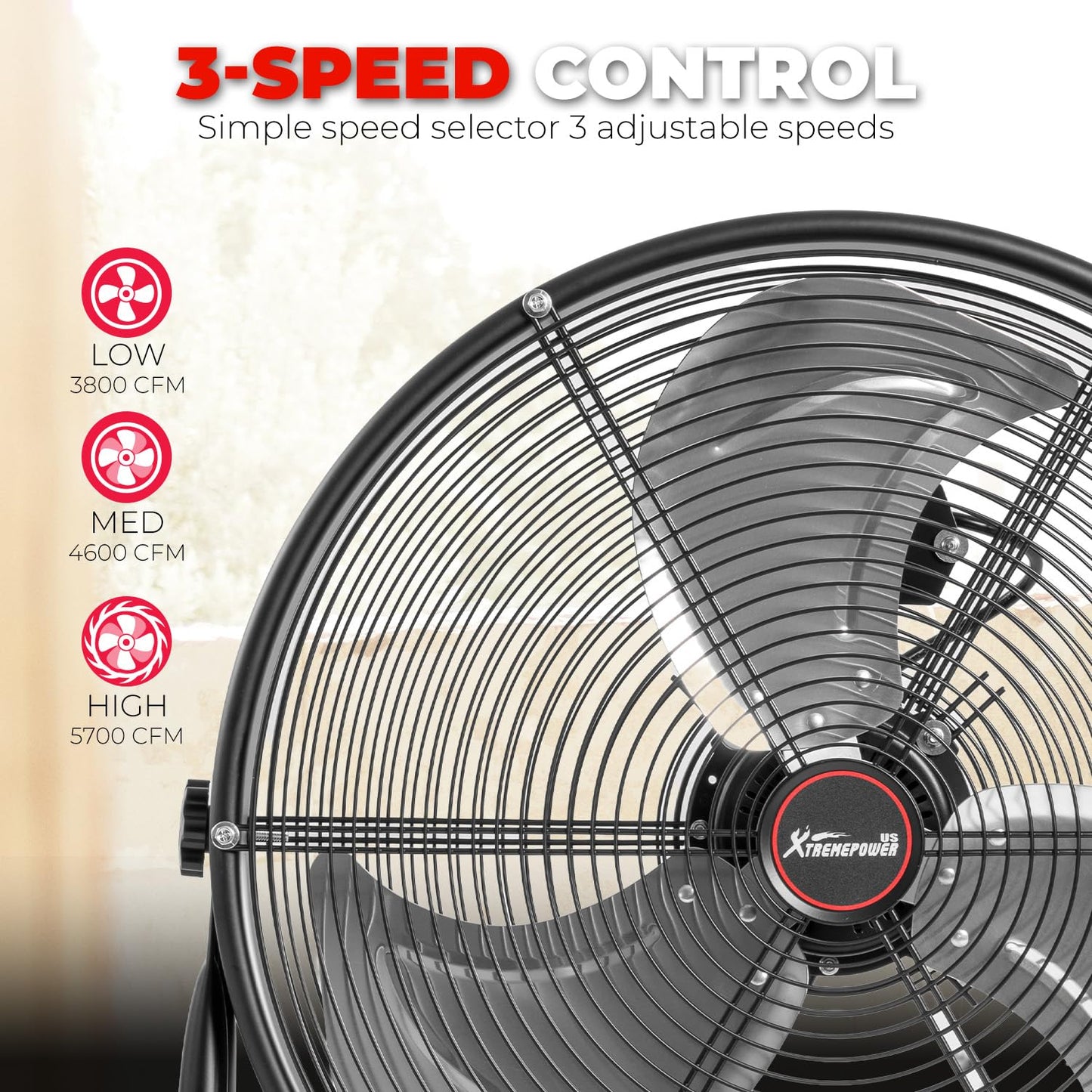 XtremepowerUS 24" Industrial Shop Fan High-Velocity Flow Drum Fan Floor Fan Rolling Drum Garage Tilt 3 Adjustable Speed Commercial, Gym, Garage Use, Black