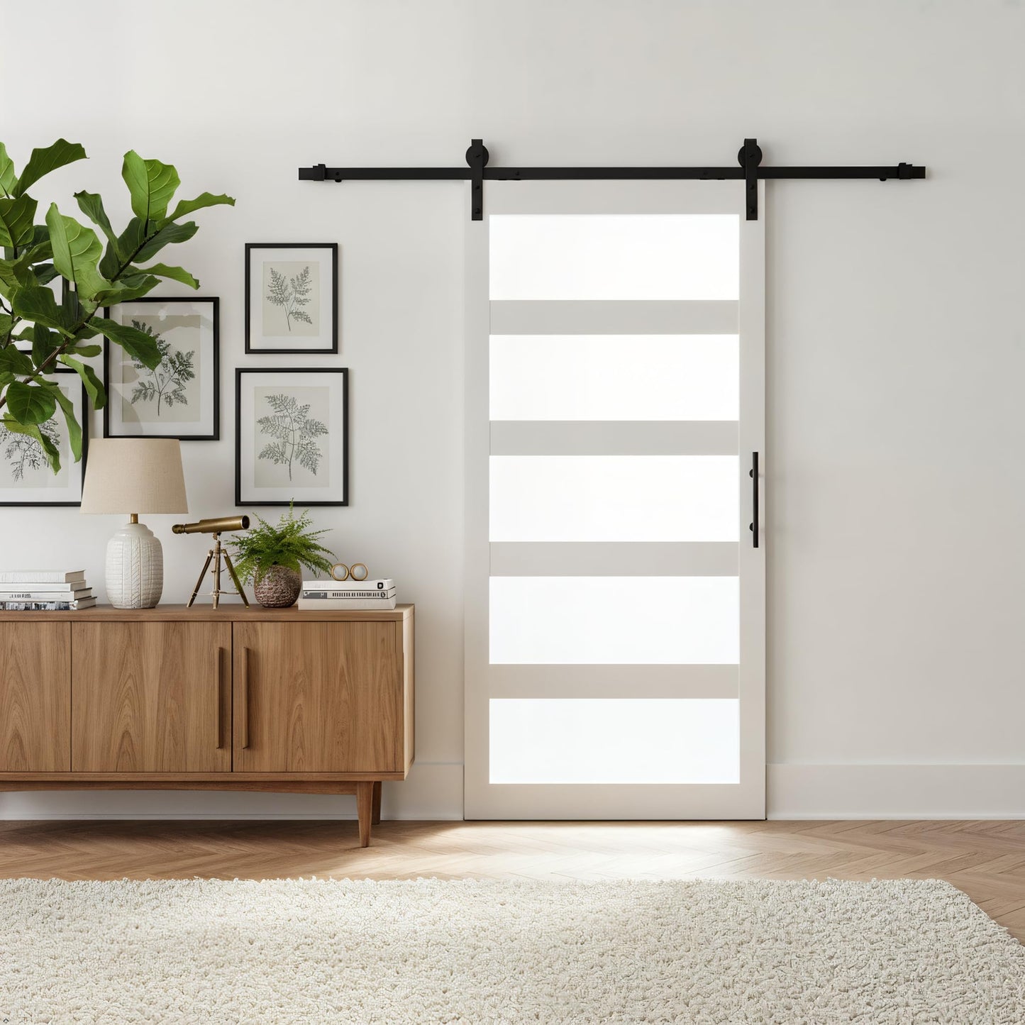 Sliding Barn Door, 36" x 84" 5-Lite Frosted Glass Door with 6FT Hardware Kit Included & Handle,Solid Wood Covered with Waterproof PVC Surface,Easy Install for Bathroom Kitchen