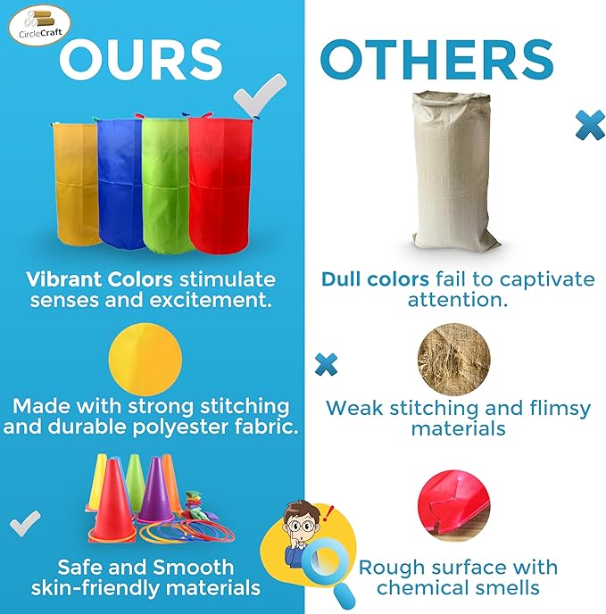 CircleCraft 53 Pcs. Plastic Cones and Rings Games Ring Toss Games for Adults Carnival Games Potato Sack Race Bags Egg & Spoon Bean Bag Birthday Party Outdoor Games for Family Party
