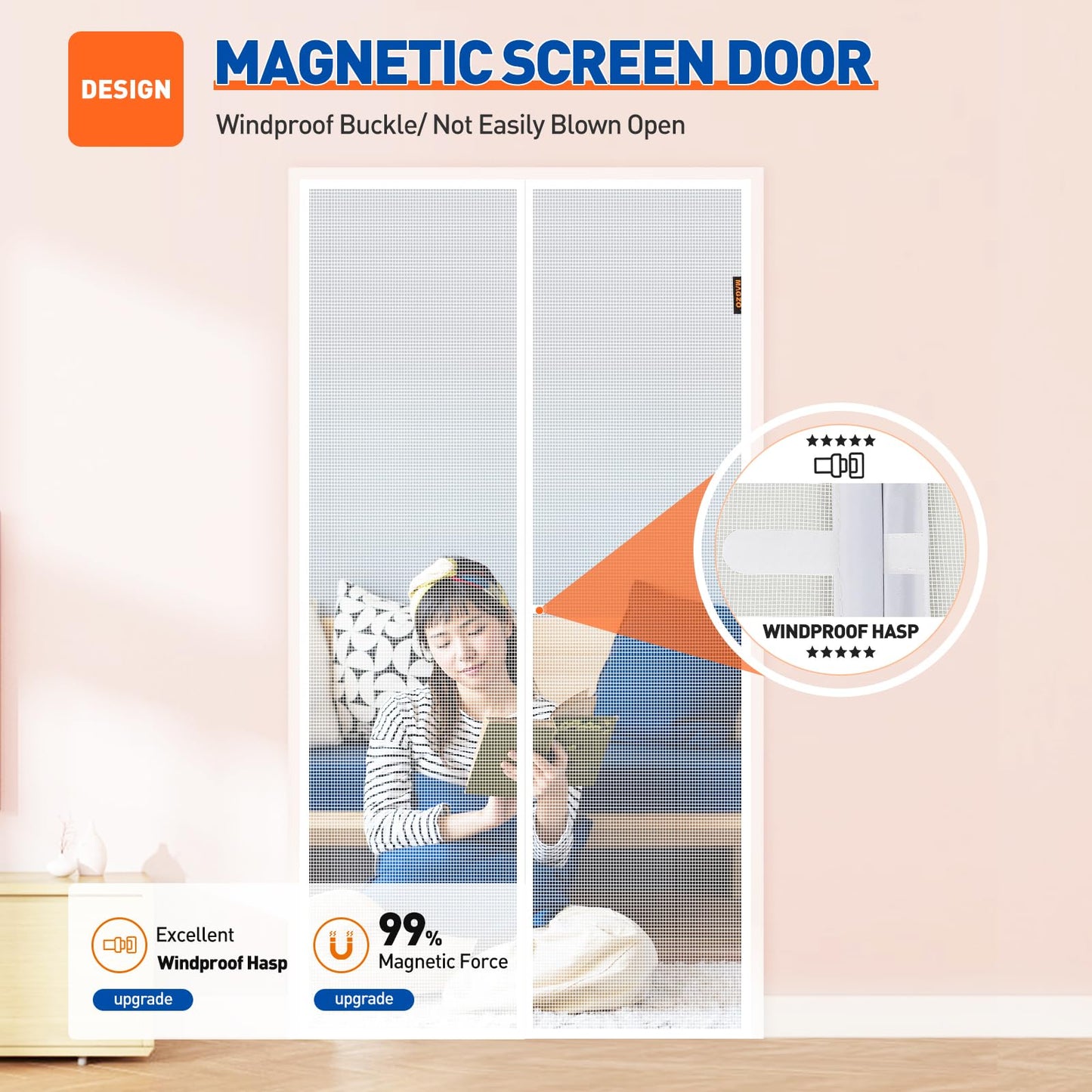 MAGZO Magnetic Screen Door Fit Door Size 38 x 82 Inch, Screen Size 40" x 83" Strong Magnet Mesh with Reinforced Hook & Loop for Patio, Sliding and French Entrances, White