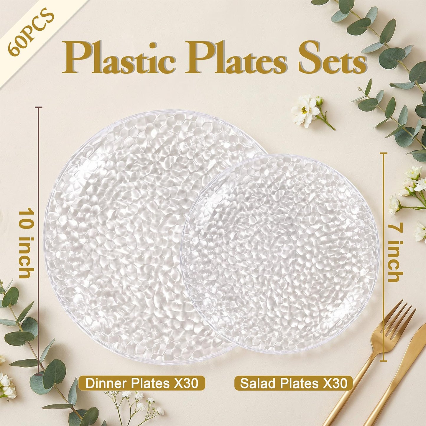 Rubtlamp 60Pcs Plastic Plates, Clear Disposable Plates, Hammered Heavy Duty Plastic Platos, Fancy Disposable Platos Include 30 Clear Dinner Plate, 30 Salad Plate For Bridal Spring