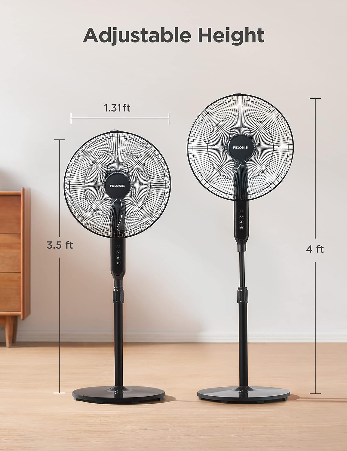 PELONIS 16-Inch Oscillating Pedestal Fan - Ultra Quiet DC Motor, Adjustable Height, Remote Control, 12 Speeds, Black