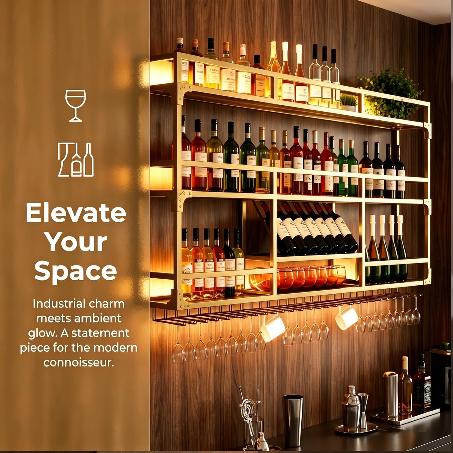 RAJYQODIS 59in Wall Mounted Wine Rack, Floating Industrial Liquor Glass Holder 3 Tiers, Large Metal Wine Bottle Display Rack Hanging Shelf, for Home Bar Dining Room Decorative