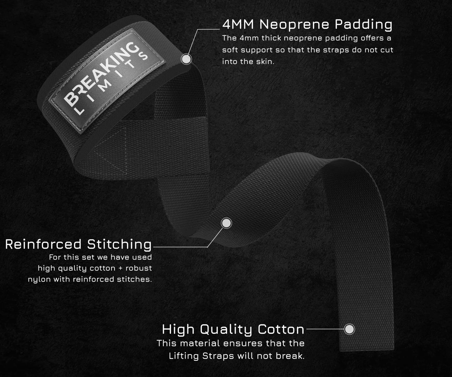 BREAKING LIMITS Set of Lifting Straps & Wrist Wraps - 2 Wrist Bandages, 2 Lifting Aids - Strength Training, Weight Lifting, Bodybuilding, Lift Training, Powerlifting, One Size | (Black)