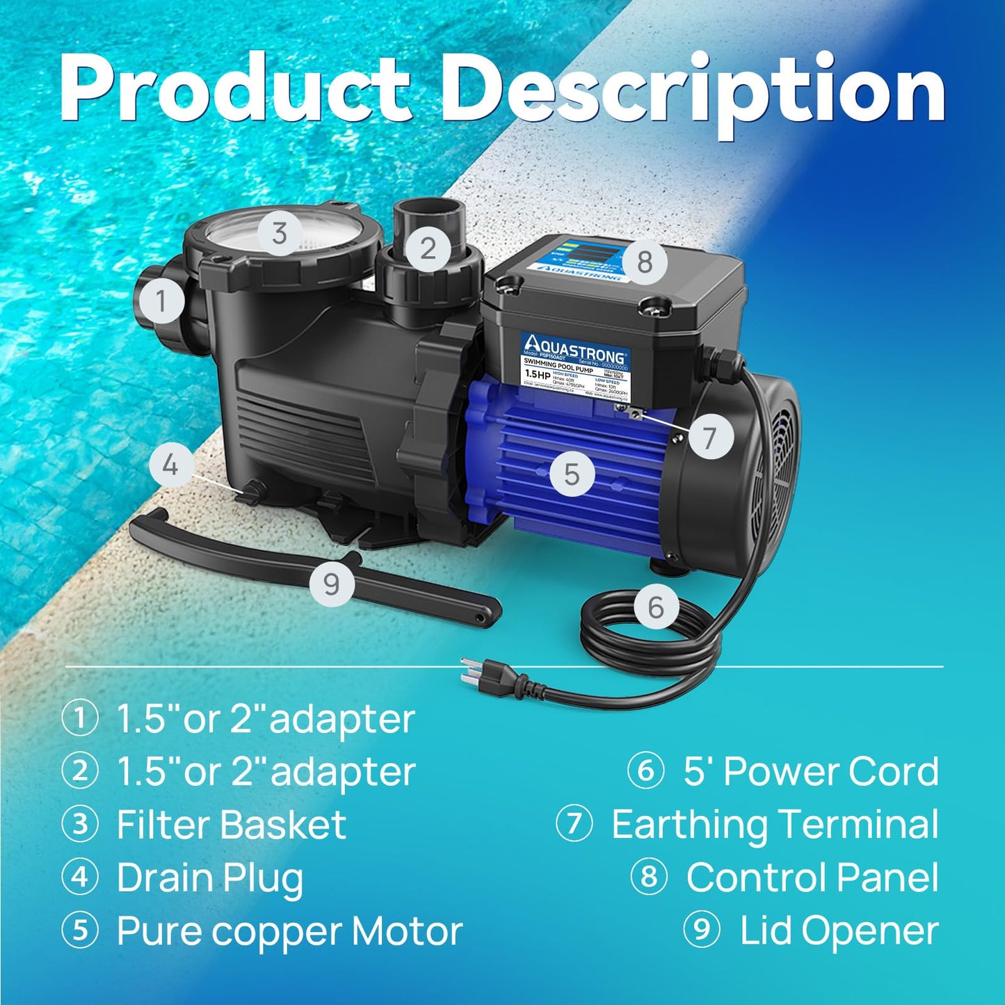 Aquastrong In/Above Ground Pool Pump Dual Speed with Timer High Flow Self Primming Swimming Pool Pump,Black