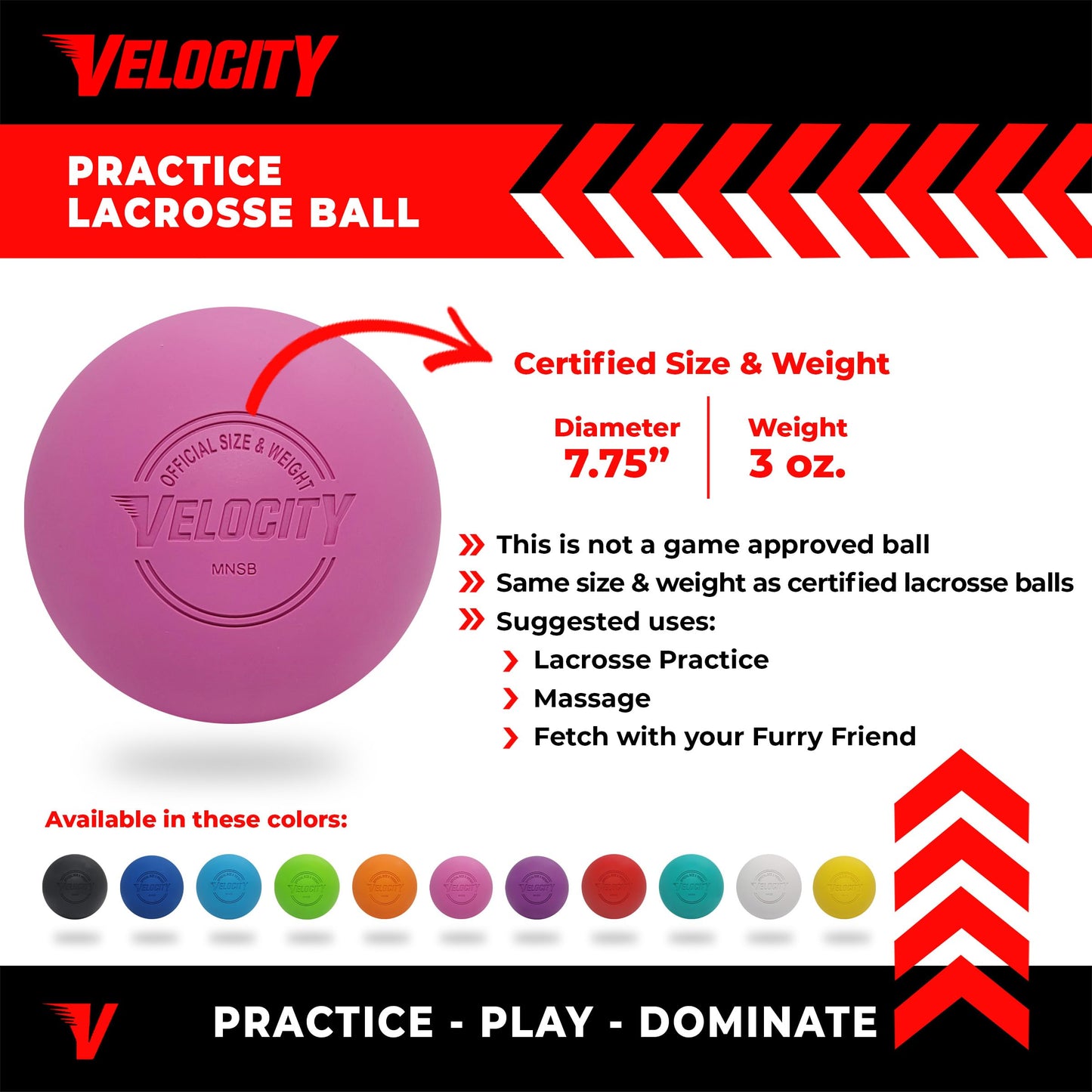 Velocity Practice Lacrosse Balls - 1, 2, 3, 6, 12, 18, 24, 36, 60 and 120 Packs - Official Size and Weight - Pink
