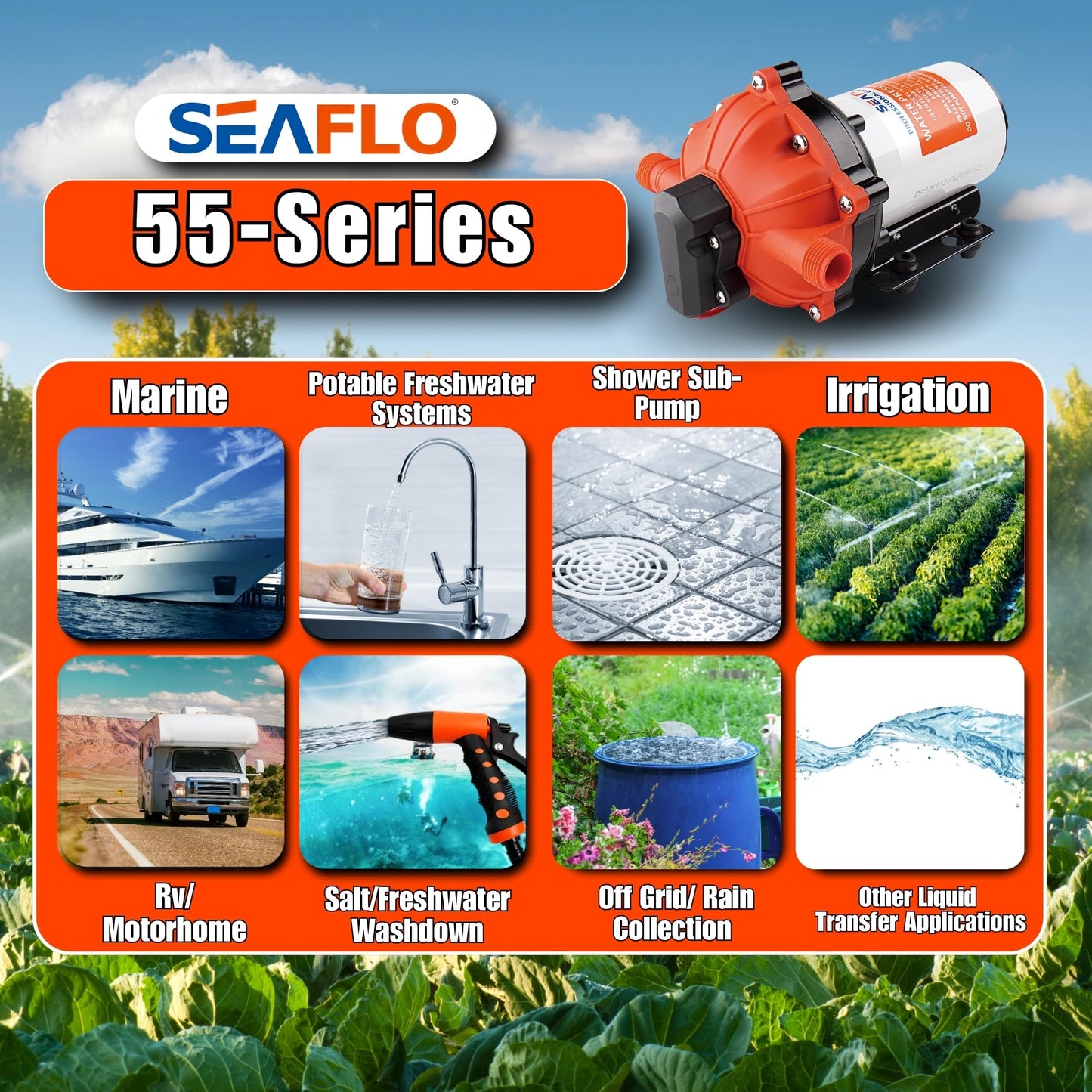 SEAFLO 55-Series 24V On-Demand Diaphragm Pump - 5.5 GPM, 60 PSI, Water Pump, Heavy Duty, Pressure Switch, Self Priming, Quiet, High Flow, RV Marine Off Grid Freshwater System, 4-Year Warranty