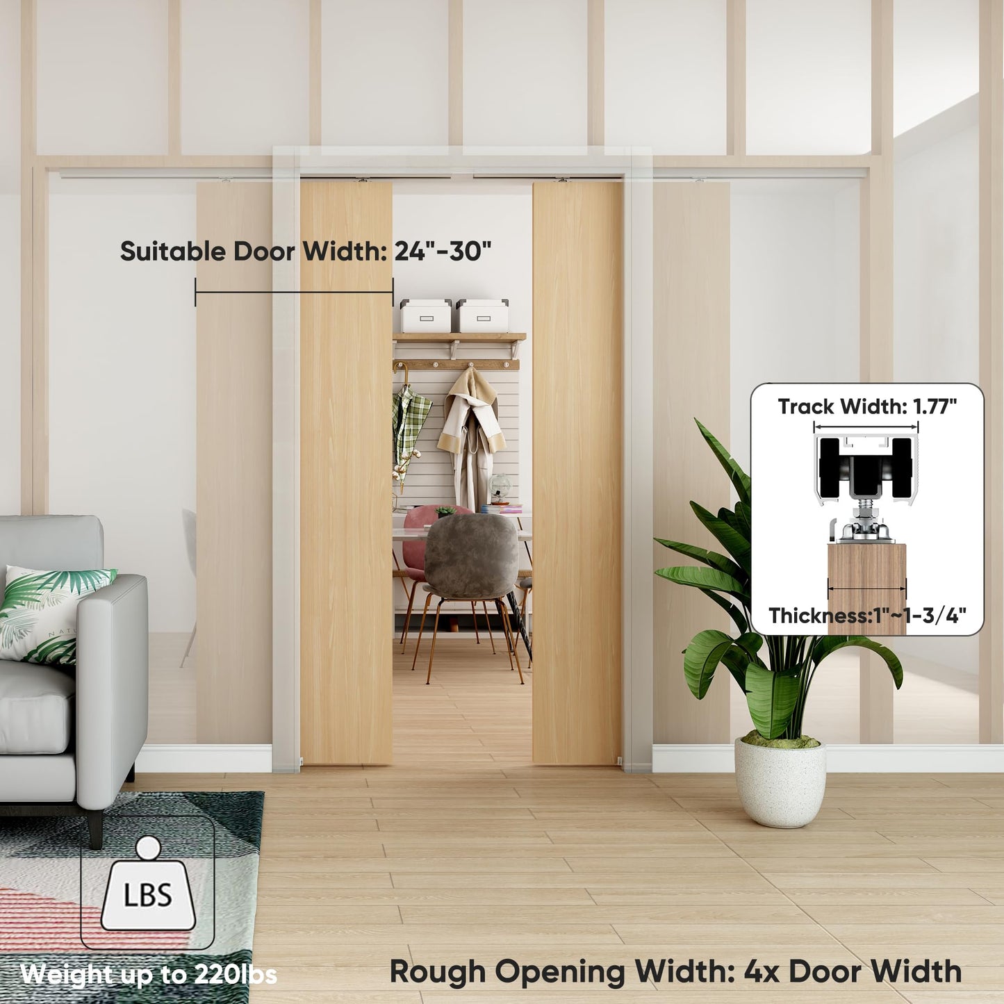 BarnBase 10FT Double Pocket Door Track Kit, 2 Sets of 56.7" Spliced Rail, Suitable for Double Door Width 48"-60"(Single Panel 24"-30"), Slide Quietly and Smoothly, Easy to Install