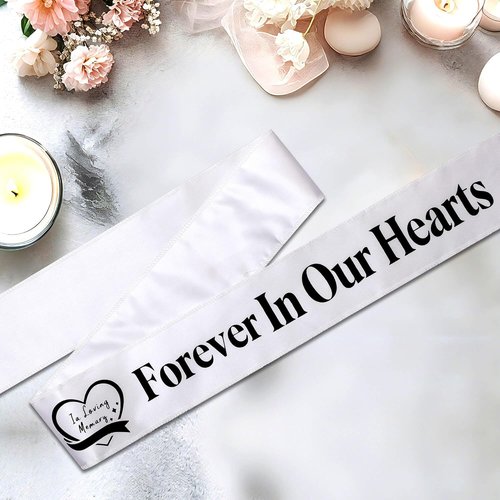 Elegant Funeral Wreath Sash - Forever in Our Hearts Memorial Ribbon for Graves & Wreaths (White)