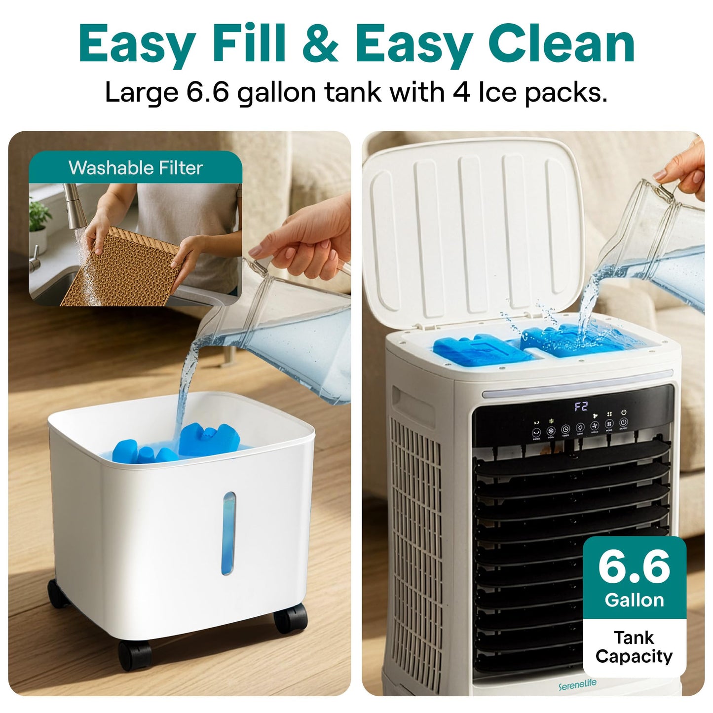 SereneLife Tower Fan, Smart Stand Up Bladeless Tower Fan with WiFi and Remote Control, 1700 CFM High Velocity Output, 25 Liter Detachable Water Tank, Boosted AC Flow with 4 Ice Packs Included