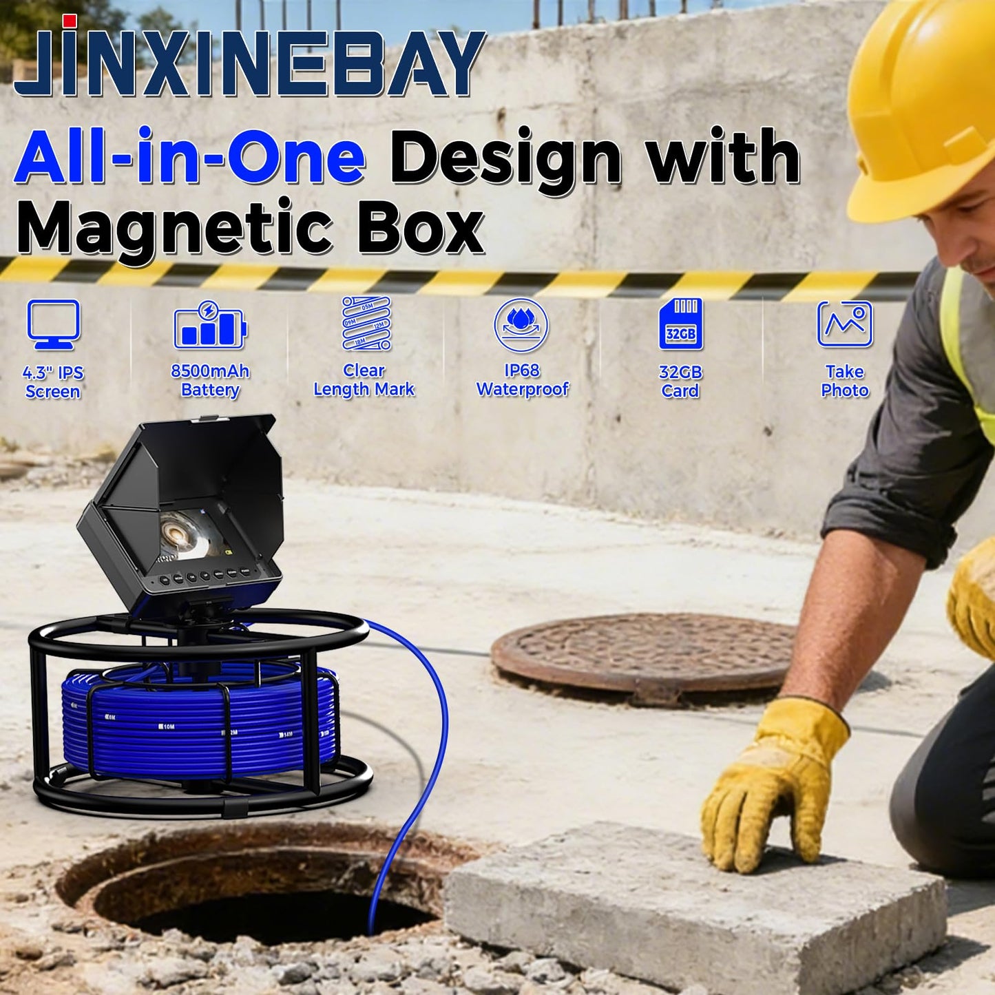 JINXINEBAY Sewer Pipe Inspection Camera, 4.3'' IPS Monitor with 32GB TF Card DVR, IP68 1080P Camera 32FT Fiberglass Cable, 8500mAh Battery Night Vision, for Home/Contractor/Plumber