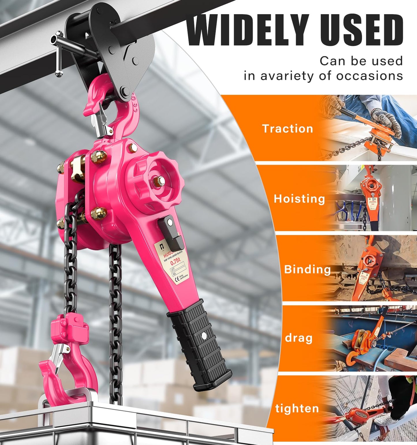 HUGOASIS 3/4 Ton 1650lbs Lever Chain Hoist Capacity 10ft,Chain Come Along with Dual Brake System, G80 Manganese Steel Chain, 2 Heavy Duty Hooks for Garages Warehouse Automotive Machinery – Pink