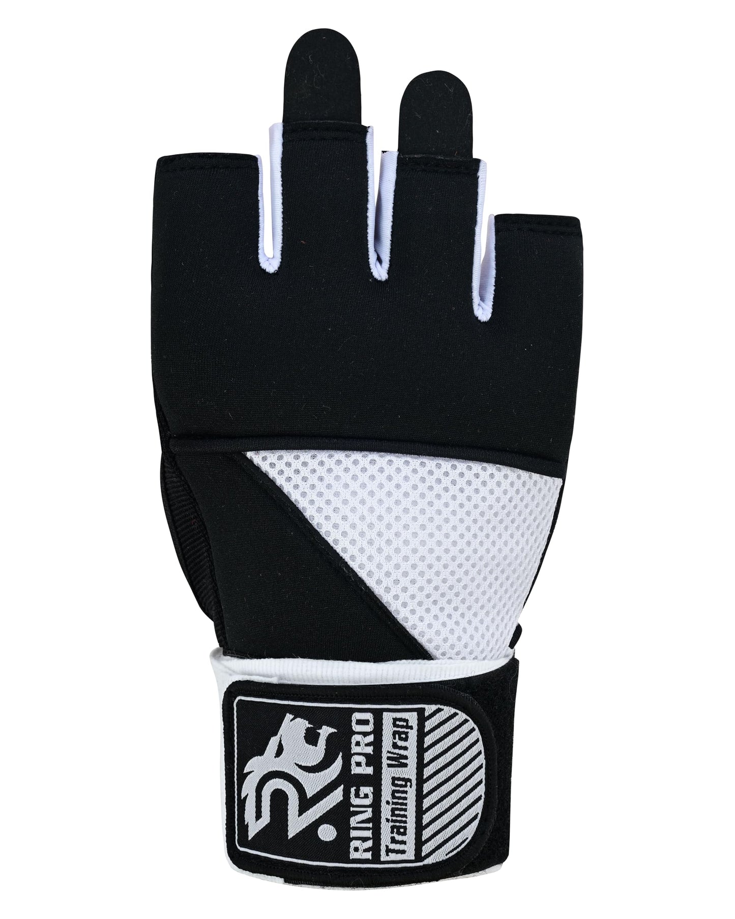 RING PRO Boxing Gel Hand Wraps Quick Inner Gloves with Wrist Support, Woven Elastic Training Wraps for Boxing, MMA, Muay Thai & Kickboxing, Men & Women (Black/White, X-Large)